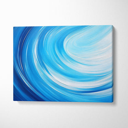 A modern abstract canvas painting with swirling deep blue medium blue and white brushstrokes for coastal decor