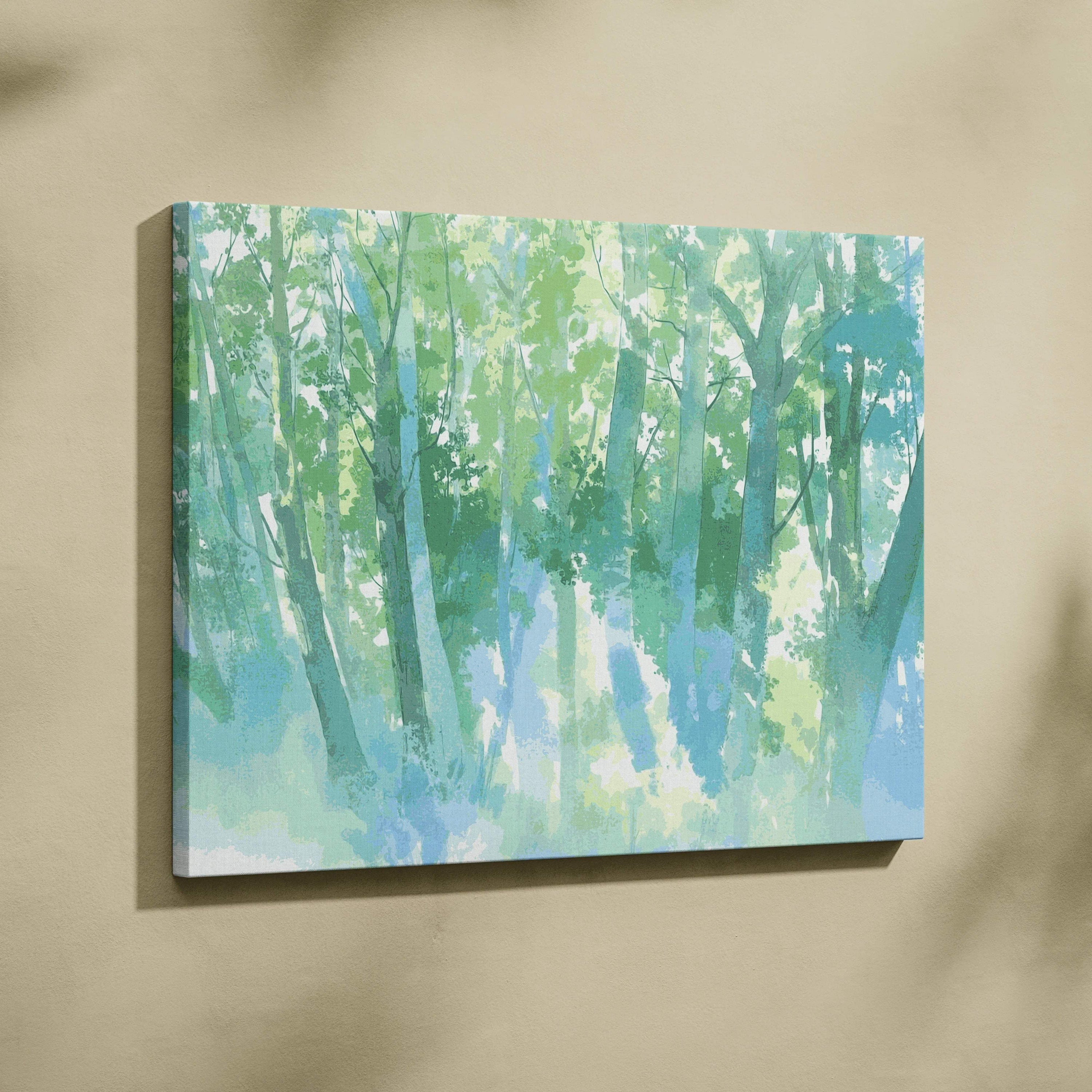 Dreamy watercolor forest landscape canvas art in greens and blues on beige wall