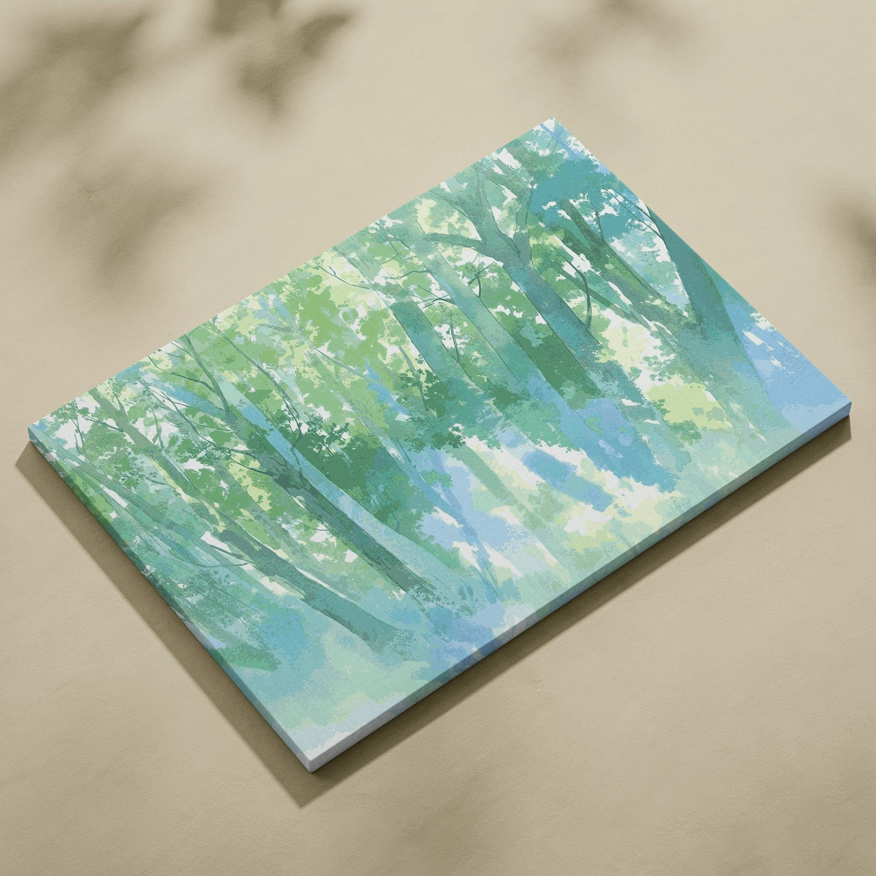 Dreamy watercolor forest landscape canvas wall art in greens blues tranquil mood