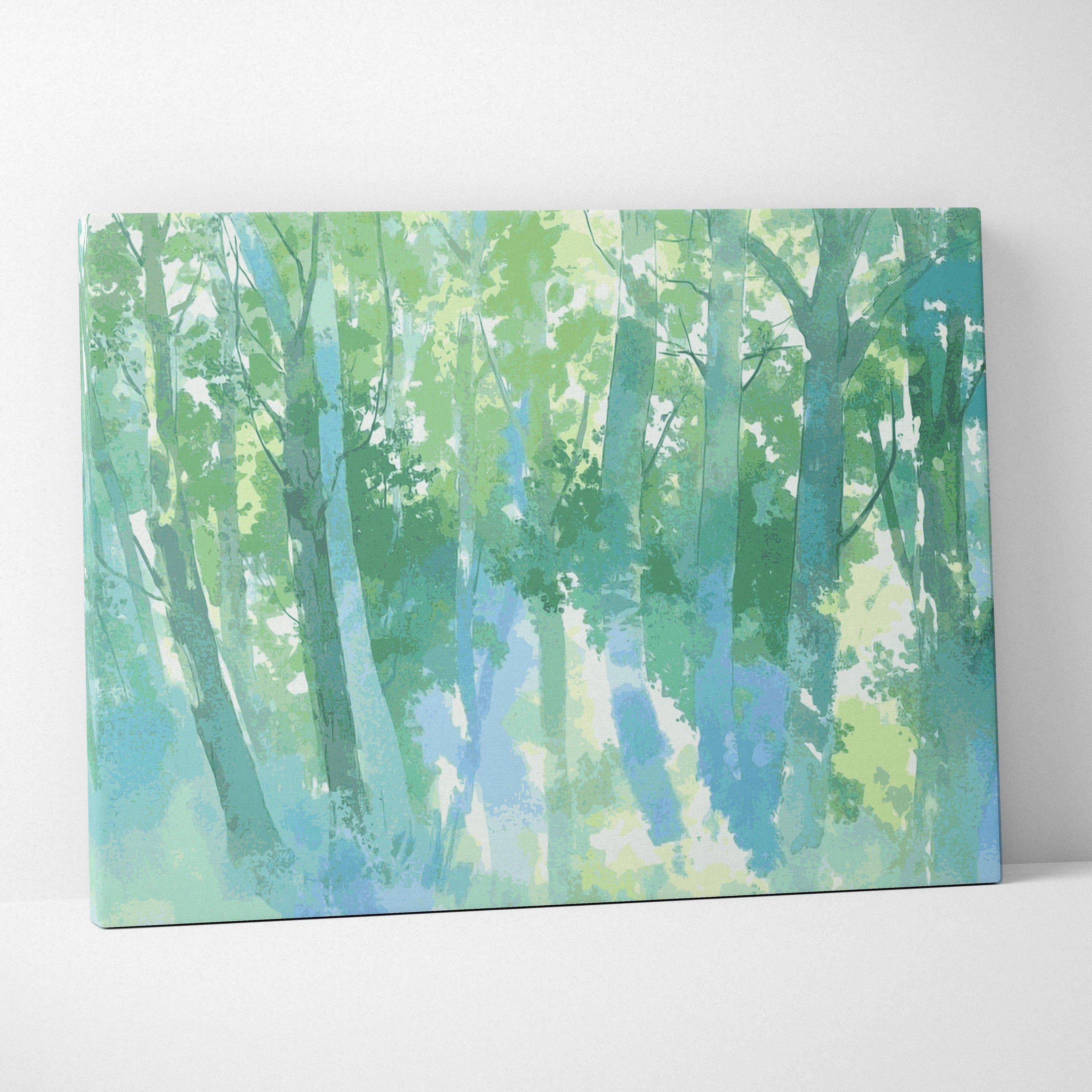 Dreamy watercolor forest canvas wall art in greens and blues