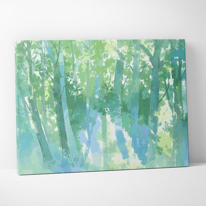Dreamy watercolor forest canvas wall art in greens and blues