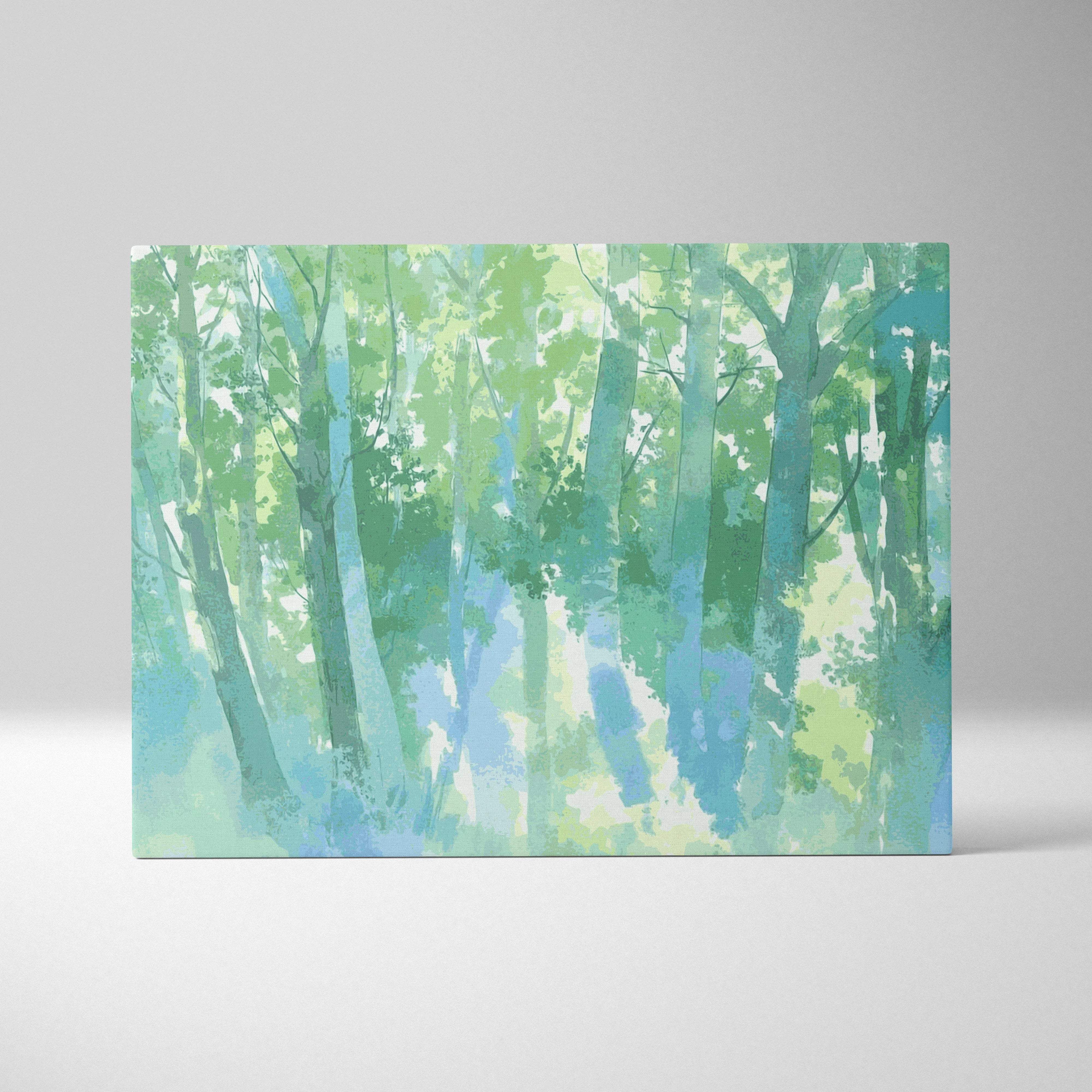 Dreamy watercolor forest canvas wall art in greens and blues