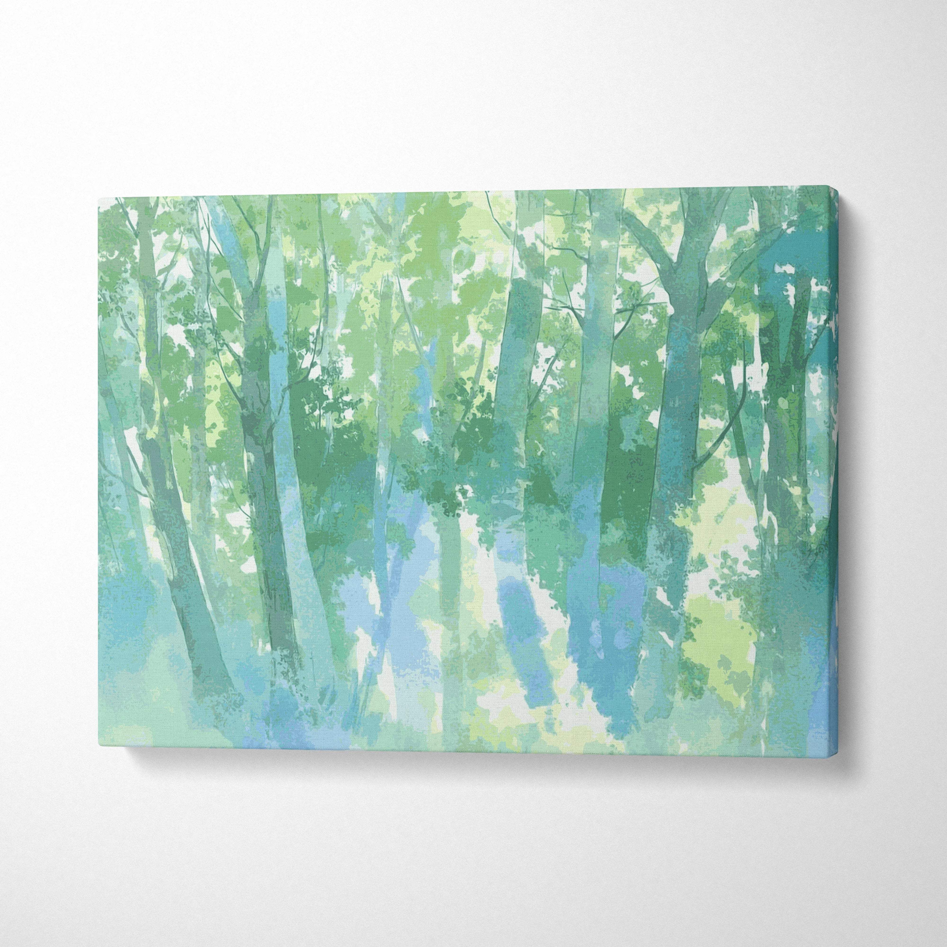 Dreamy watercolor forest canvas wall art in greens and blues