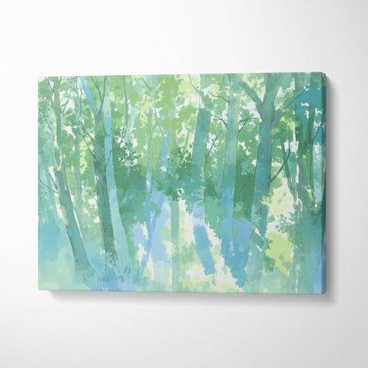 Dreamy watercolor forest canvas wall art in greens and blues