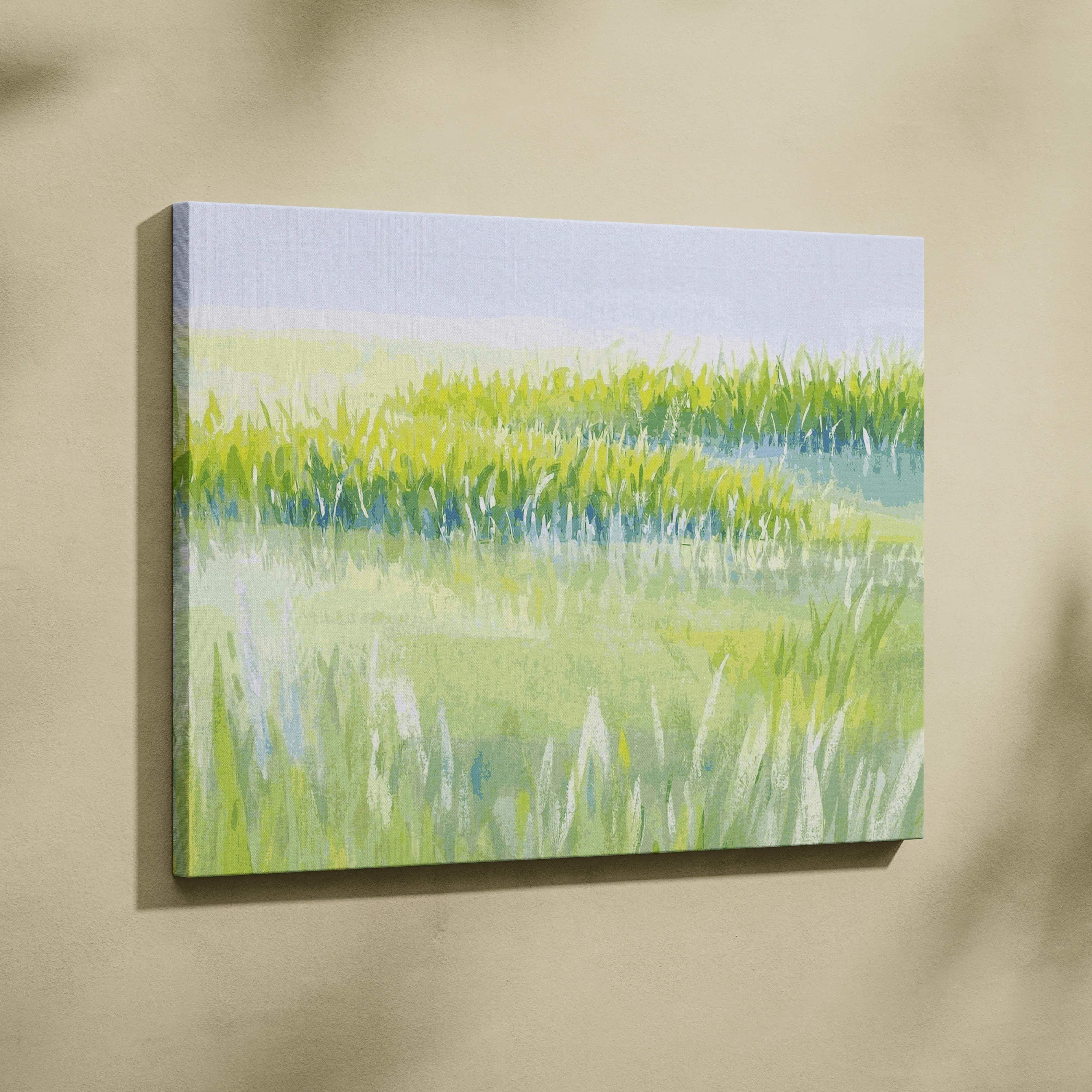 Sunlit Meadow in yellow green and pastel blue watercolor canvas art