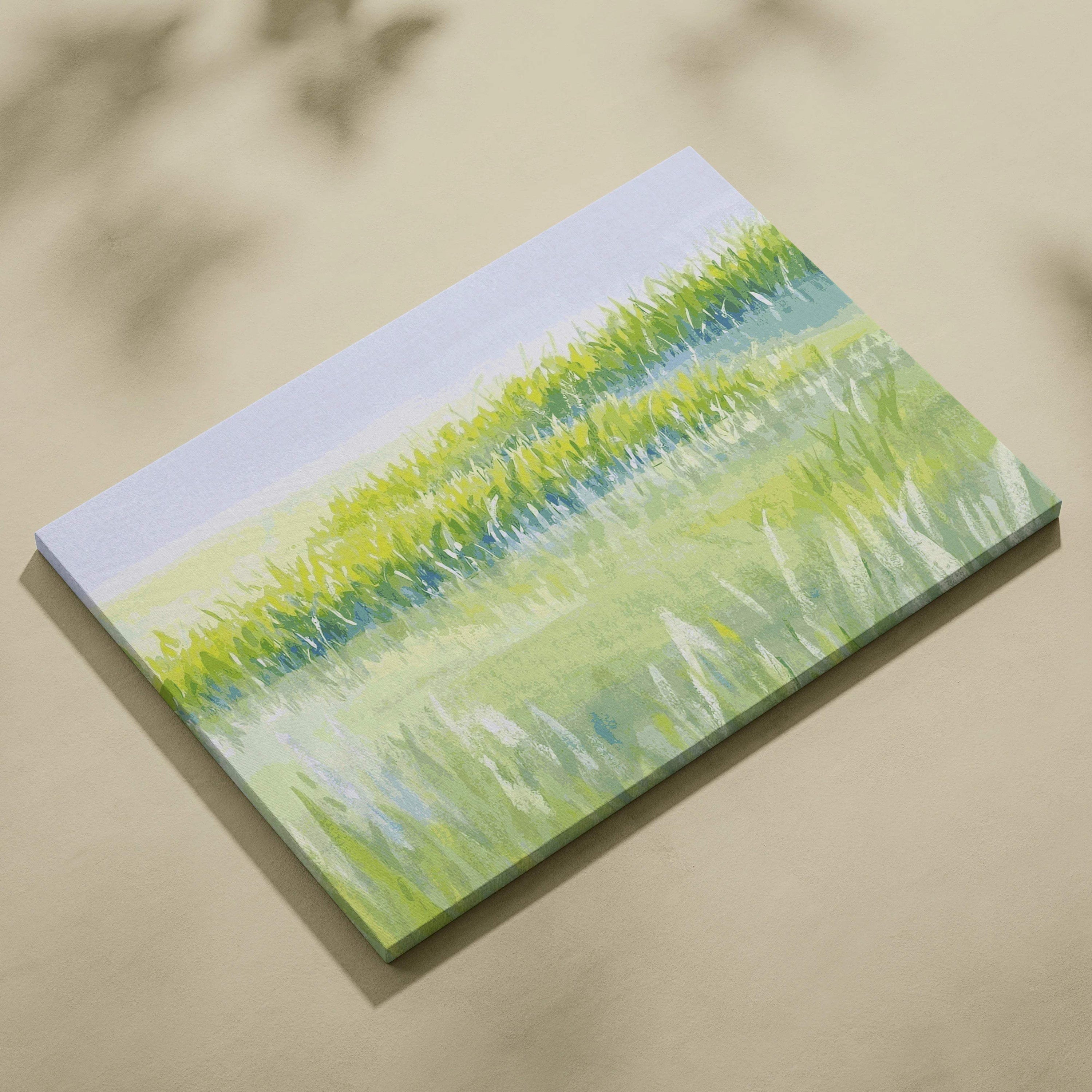Sunlit meadow in yellow green and pastel blue watercolor canvas art