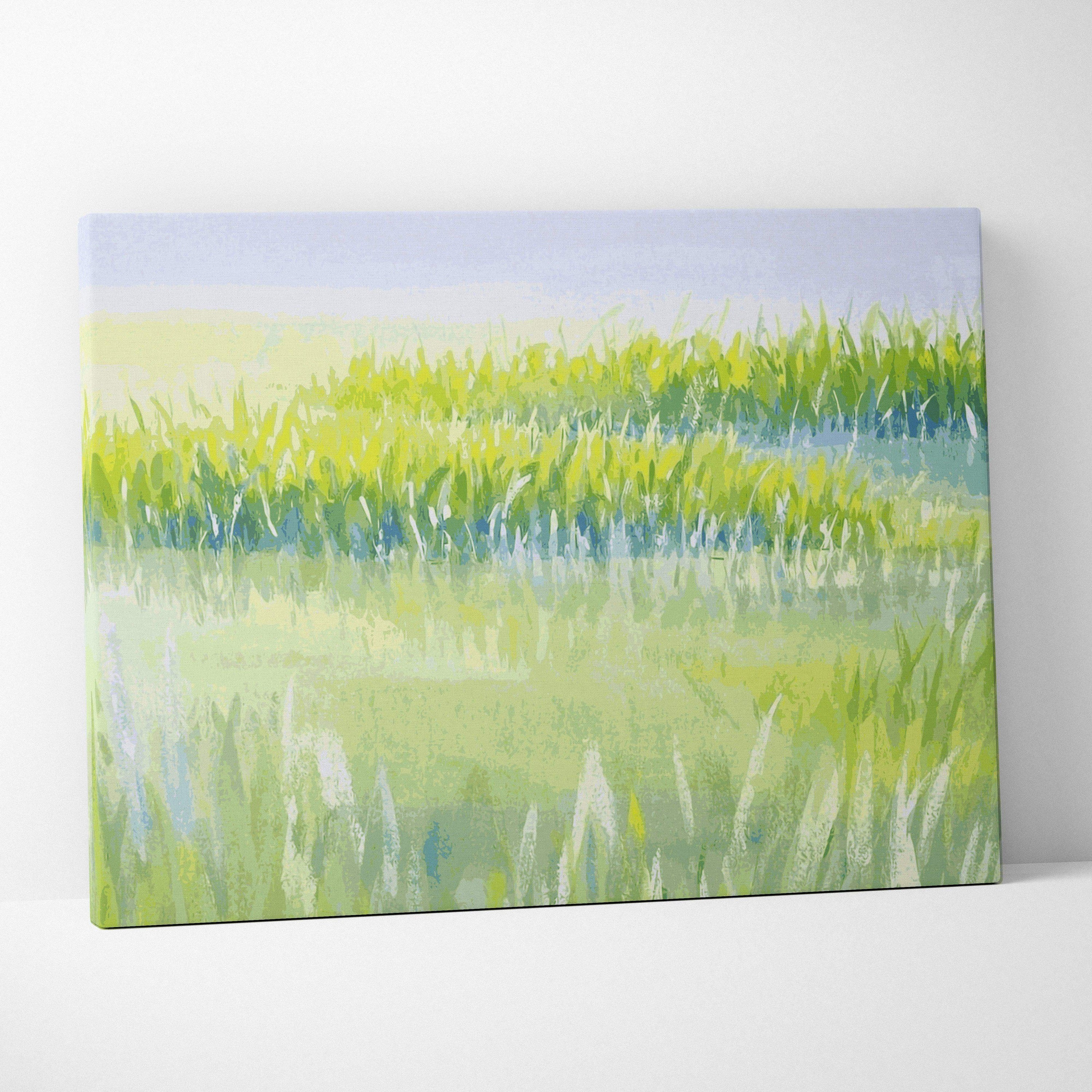 Sunlit meadow watercolor canvas wall art in yellow green and pastel blue