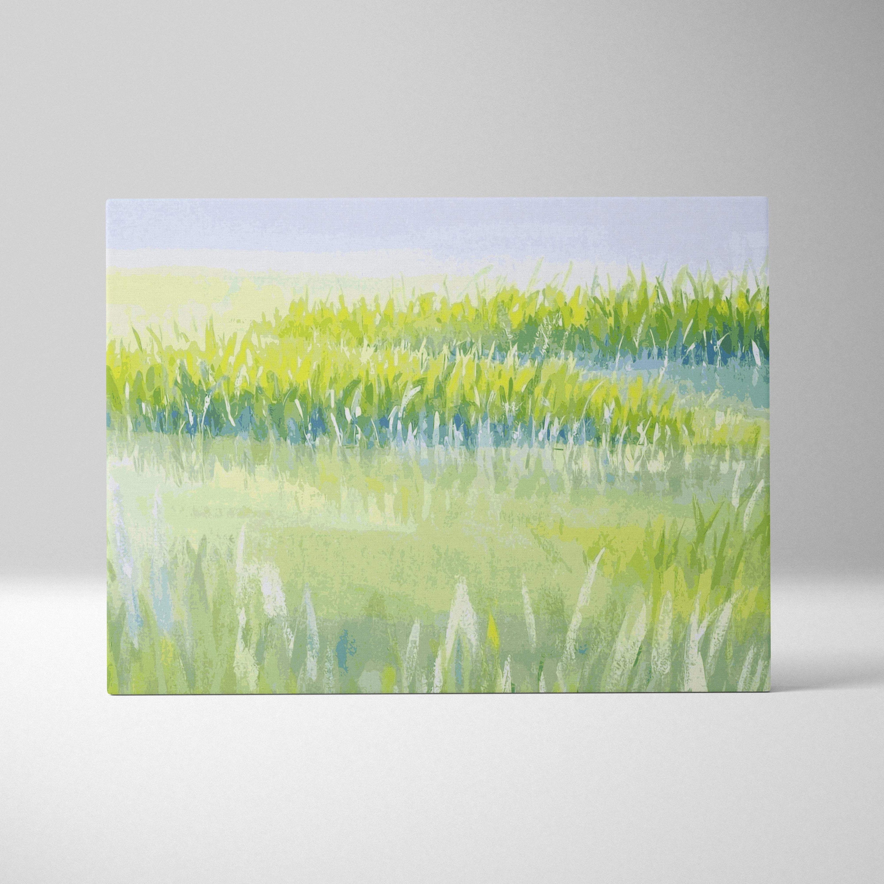 Sunlit meadow in yellow green and pastel blue watercolor canvas wall art