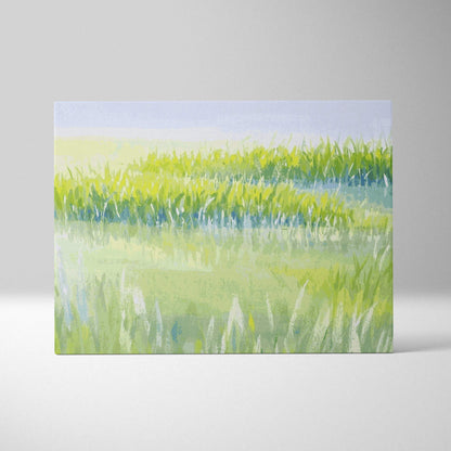 Sunlit meadow in yellow green and pastel blue watercolor canvas wall art
