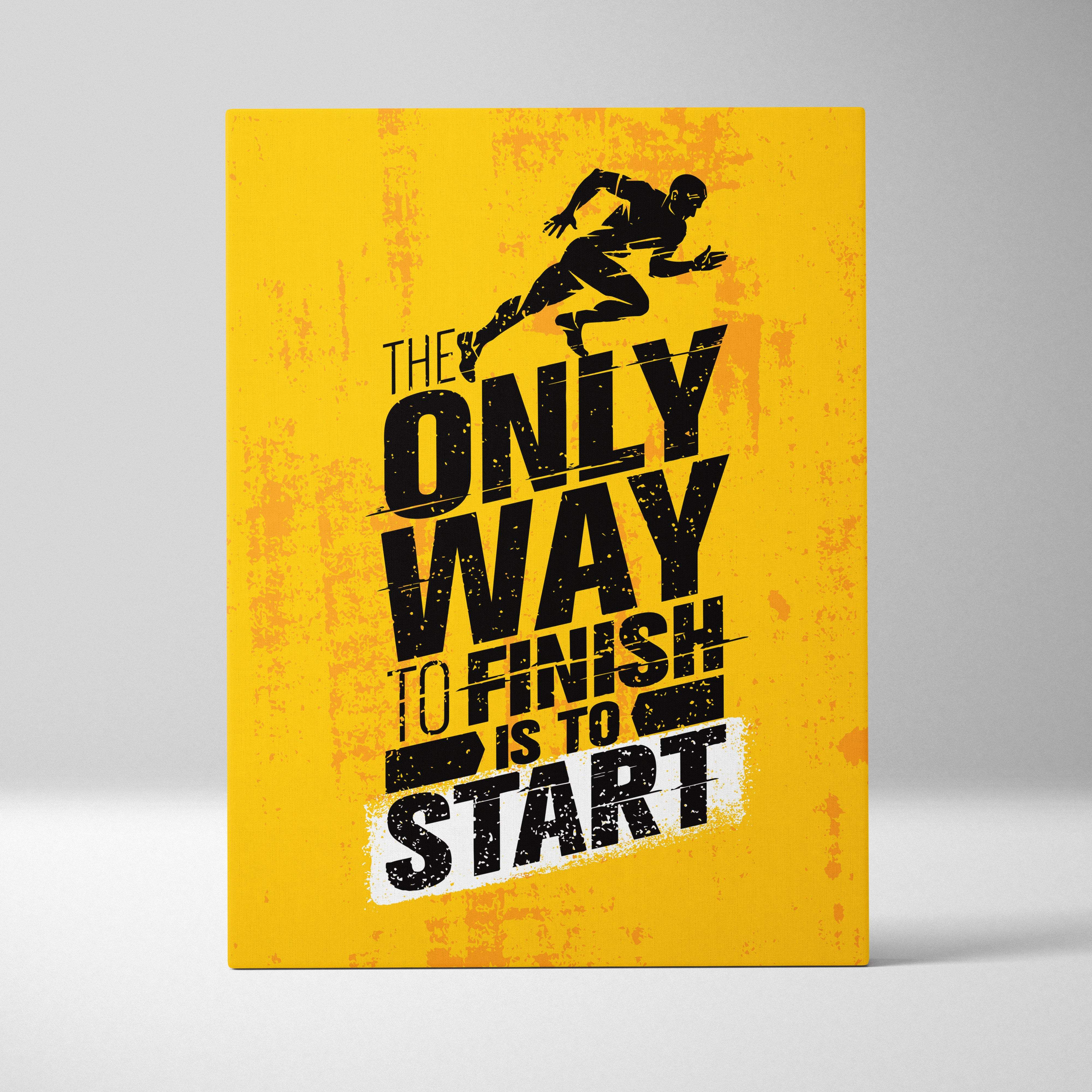 Vibrant yellow canvas print with bold black runner silhouette and motivational phrase for gym office or home decor
