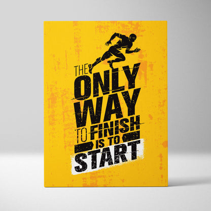 Vibrant yellow canvas print with bold black runner silhouette and motivational phrase for gym office or home decor