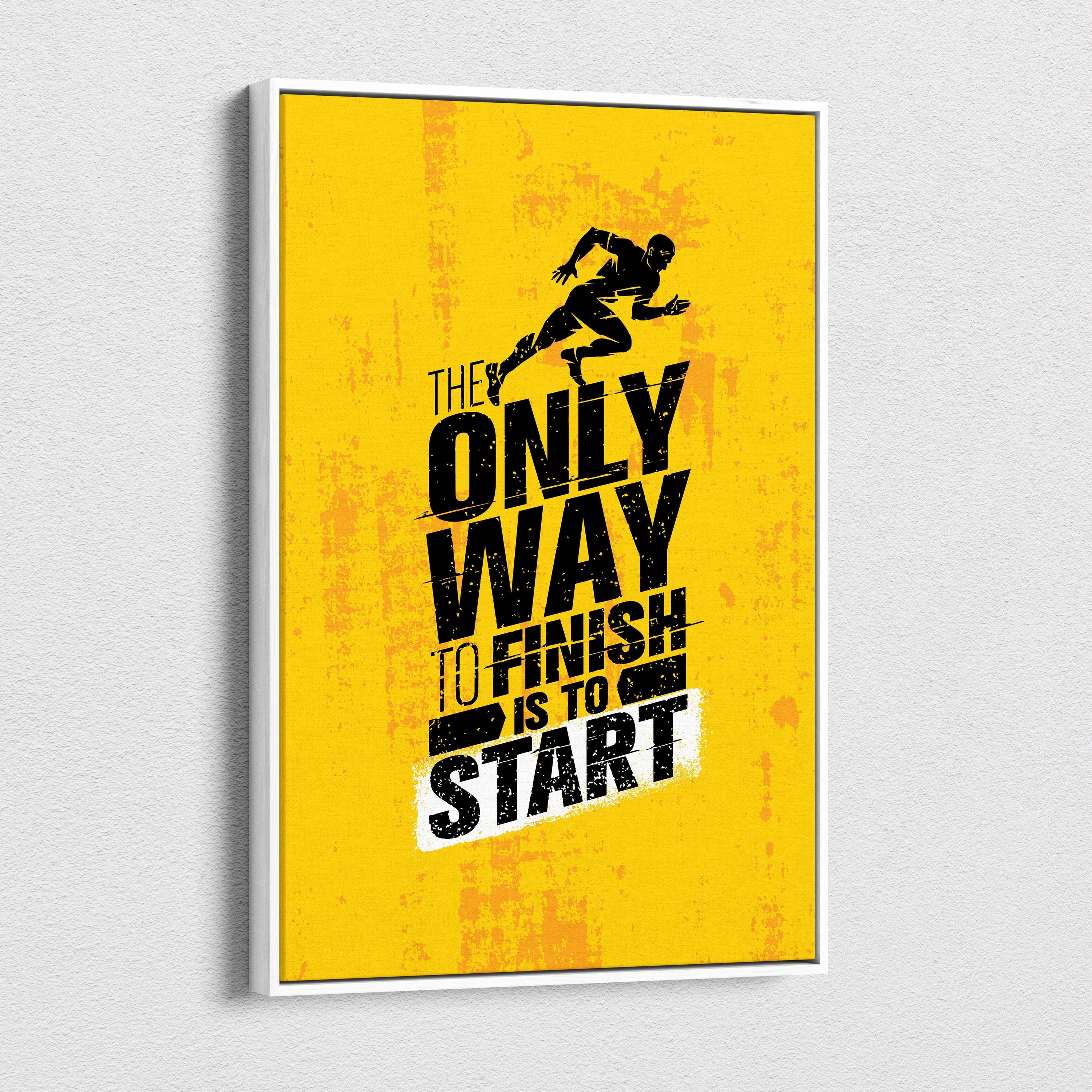 Yellow framed motivational wall art print with black runner silhouette and bold inspirational text for gym or home decor