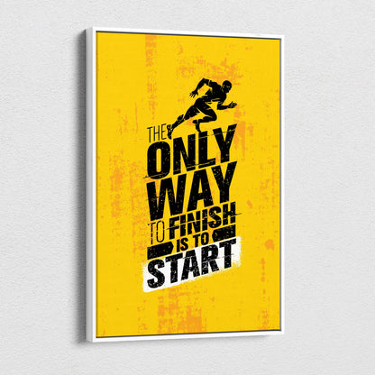 Yellow framed motivational wall art print with black runner silhouette and bold inspirational text for gym or home decor