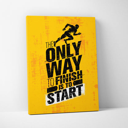 Vibrant yellow canvas print with black runner silhouette and bold typography for gym office or home decor