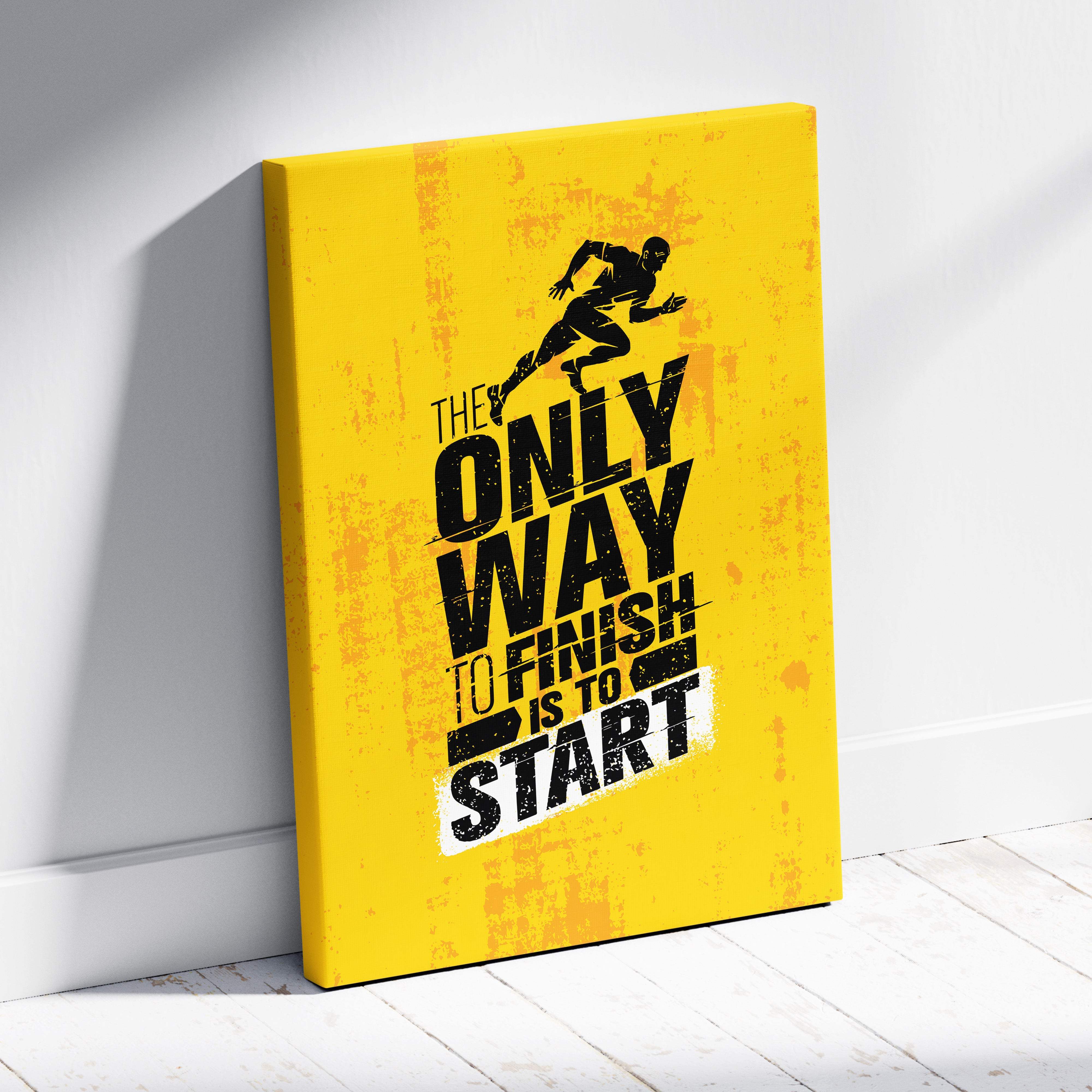 Bright yellow canvas print with black runner silhouette and motivational typography for gym or home decor