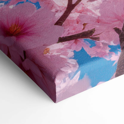 A vibrant pink and blue cherry blossom canvas wall art with textured fabric edges featuring falling sakura petals