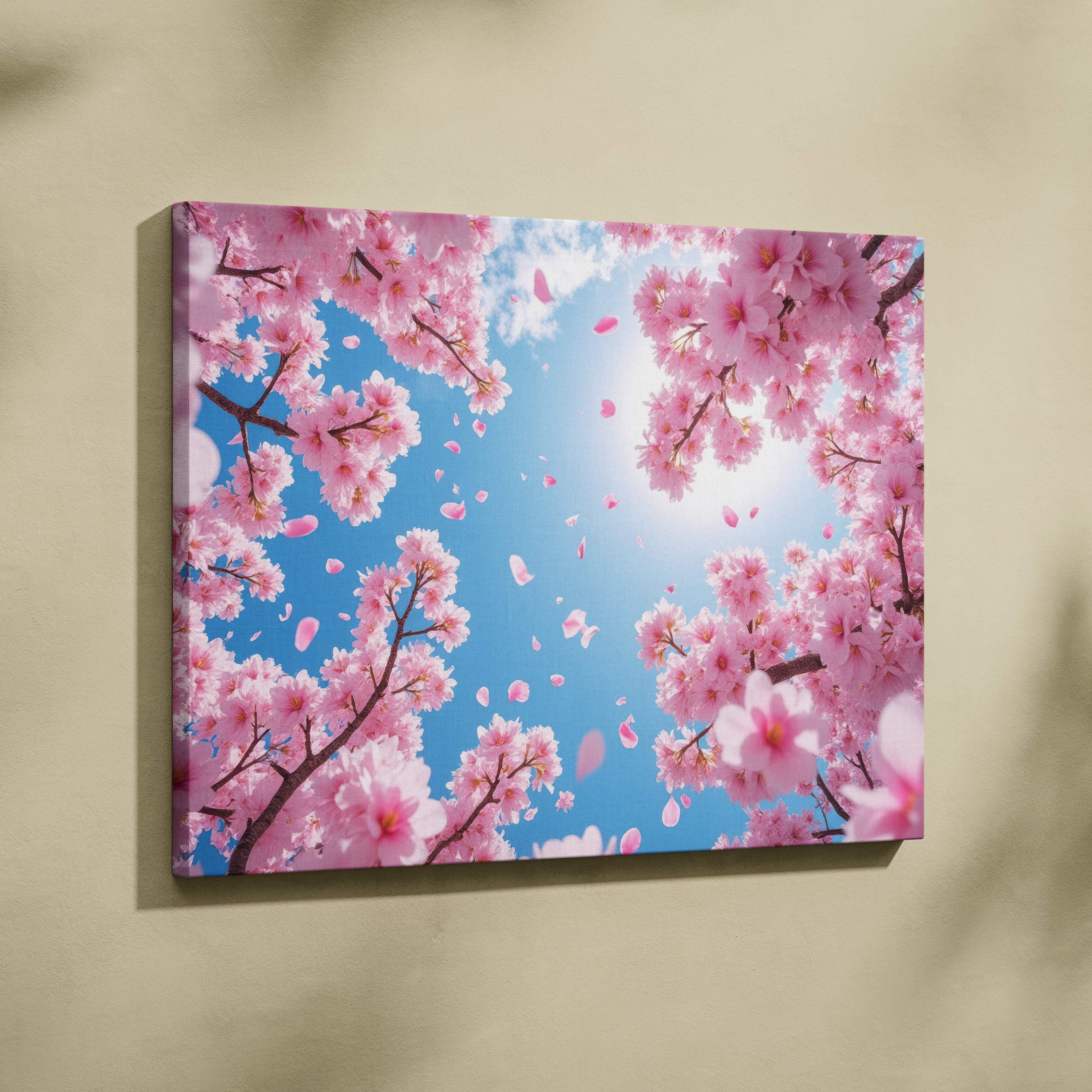 Pink cherry blossom canvas wall art with vibrant pink blossoms and falling petals against a bright blue spring sky