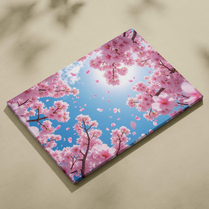 Rectangular canvas wall art featuring vibrant pink cherry blossoms against a bright blue spring sky with falling petals