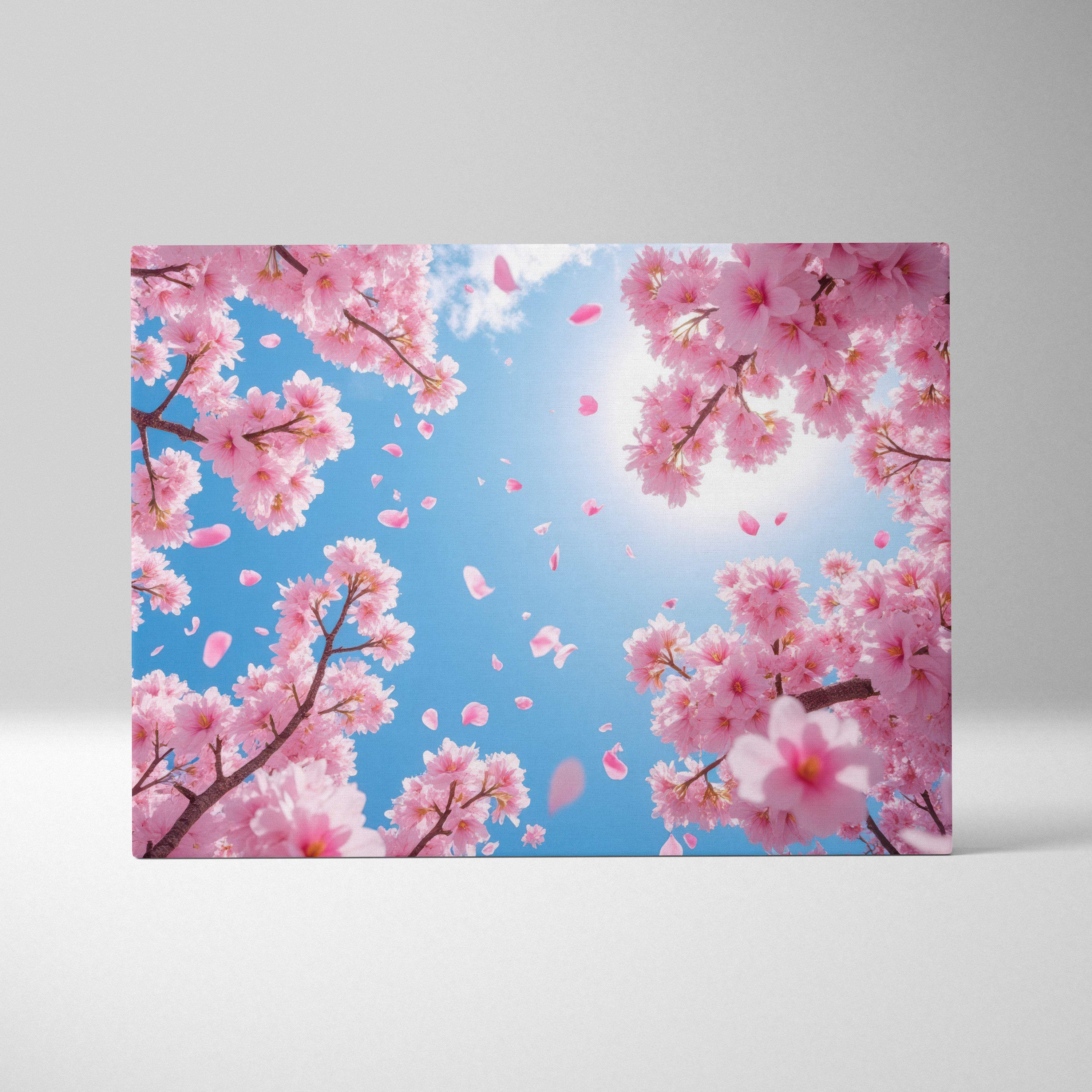 Rectangular canvas print of pink cherry blossom sky with falling sakura petals on bright blue spring background