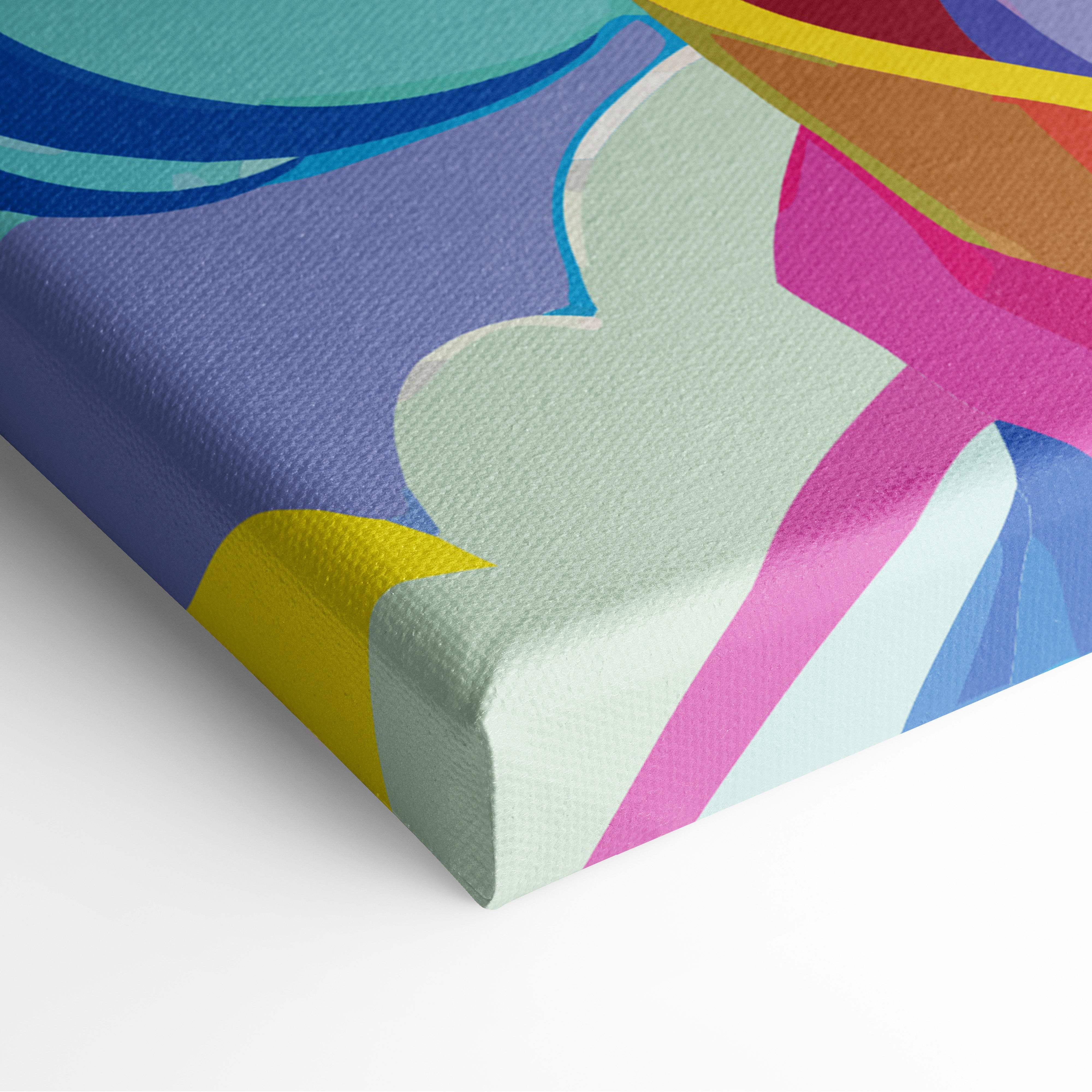 Colorful anime girl canvas wall art print featuring vibrant abstract bold teal purple pink yellow and blue shapes for gaming room decor