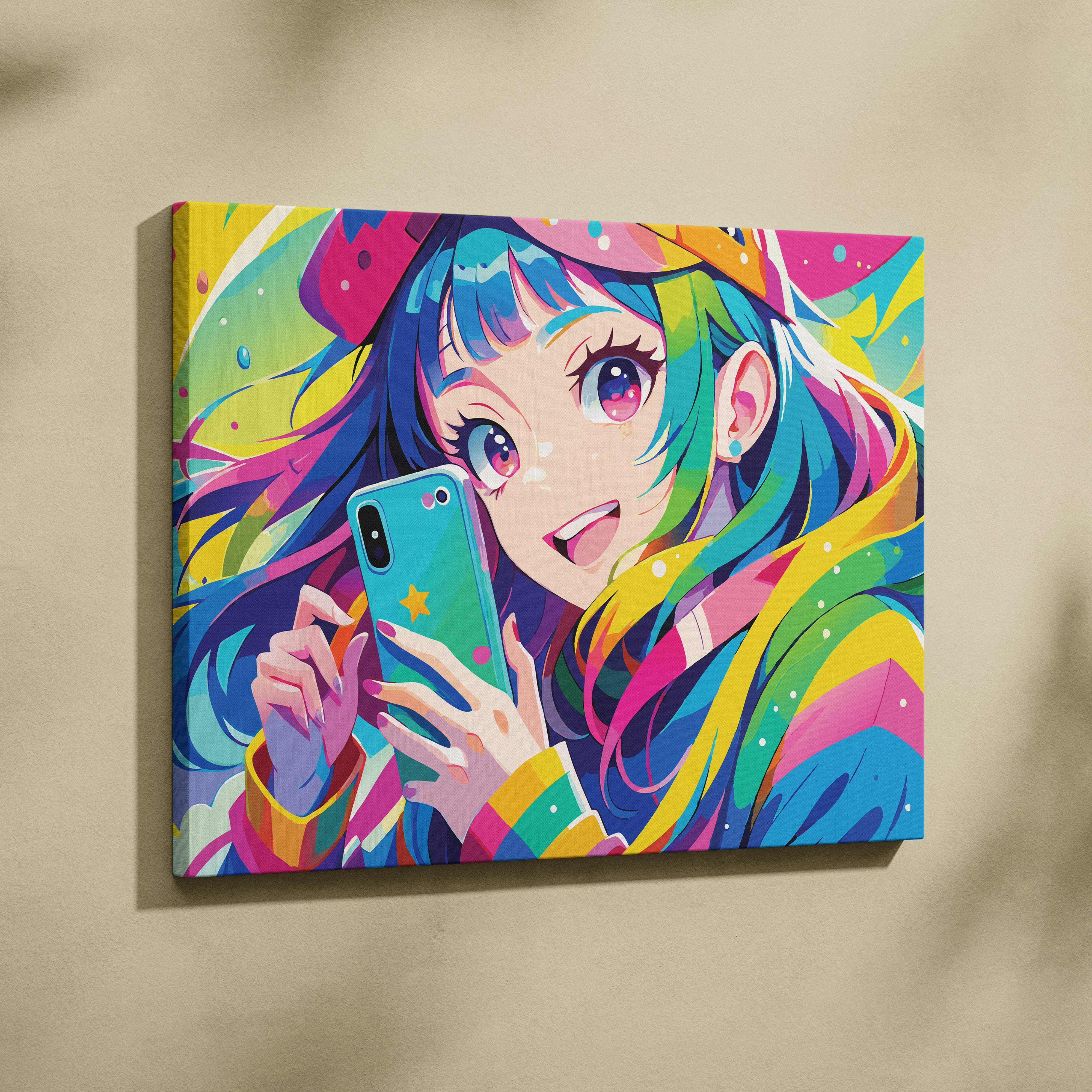 Colorful anime girl canvas wall art print featuring a cheerful rainbow-haired character with star phone for teen rooms