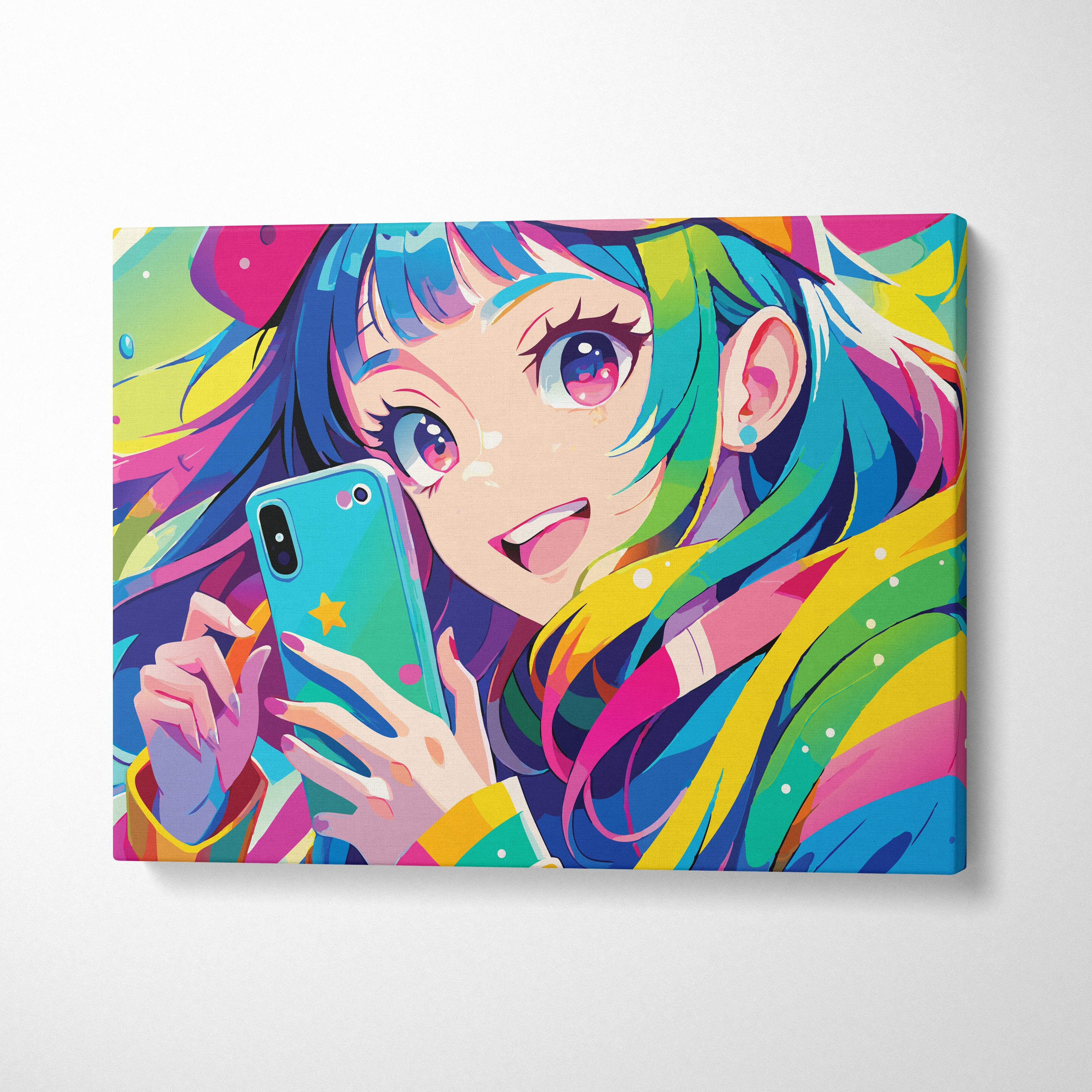 Colorful anime girl canvas wall art print with vibrant rainbow hair holding teal phone for gaming room decor