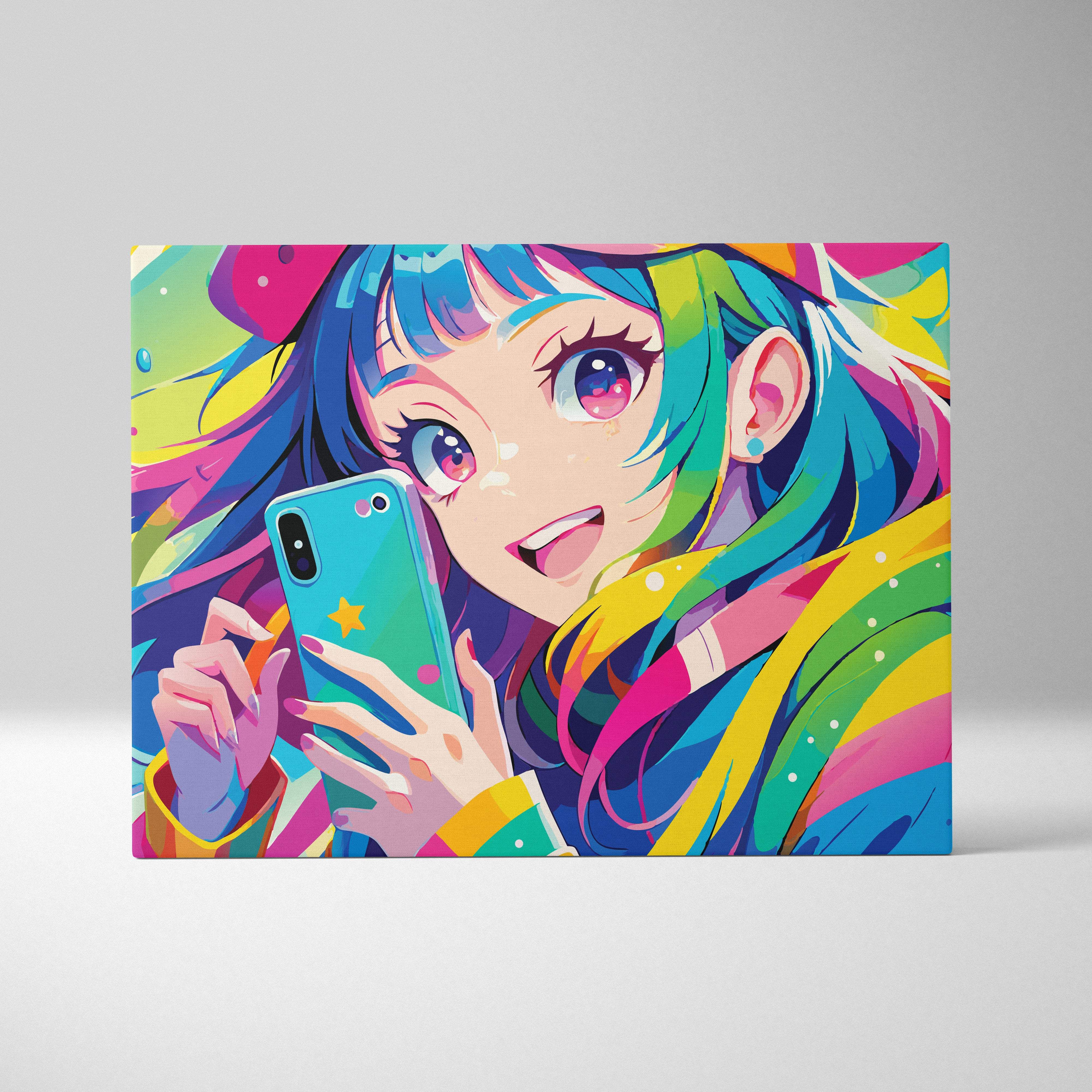 Vibrant rainbow-colored anime girl canvas print with multicolored hair and turquoise phone for teen bedroom decor