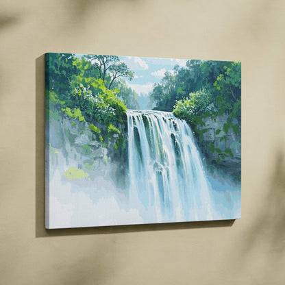 Watercolor forest waterfall canvas art in emerald greens and cool blues