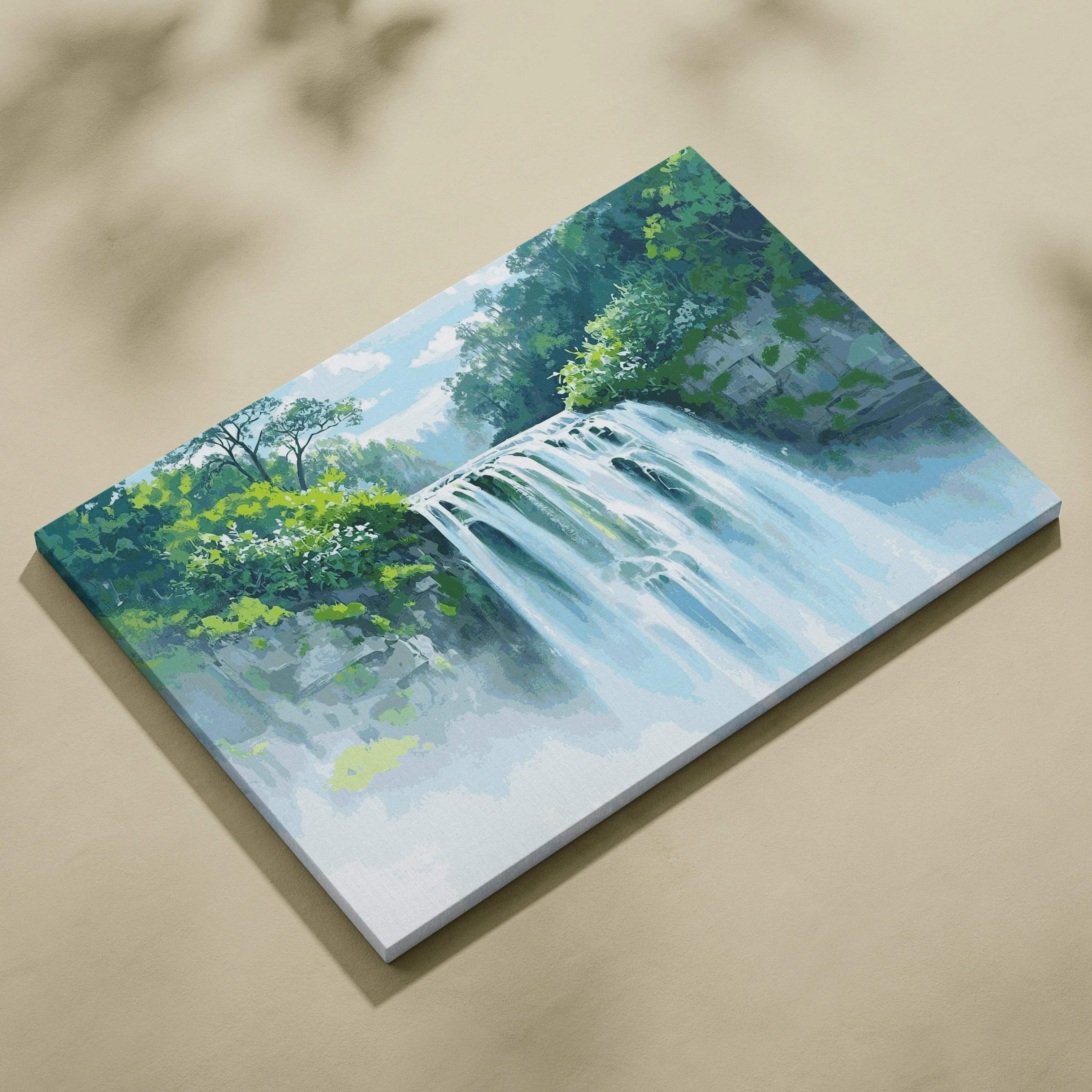 Watercolor forest waterfall canvas wall art in emerald greens and cool blues