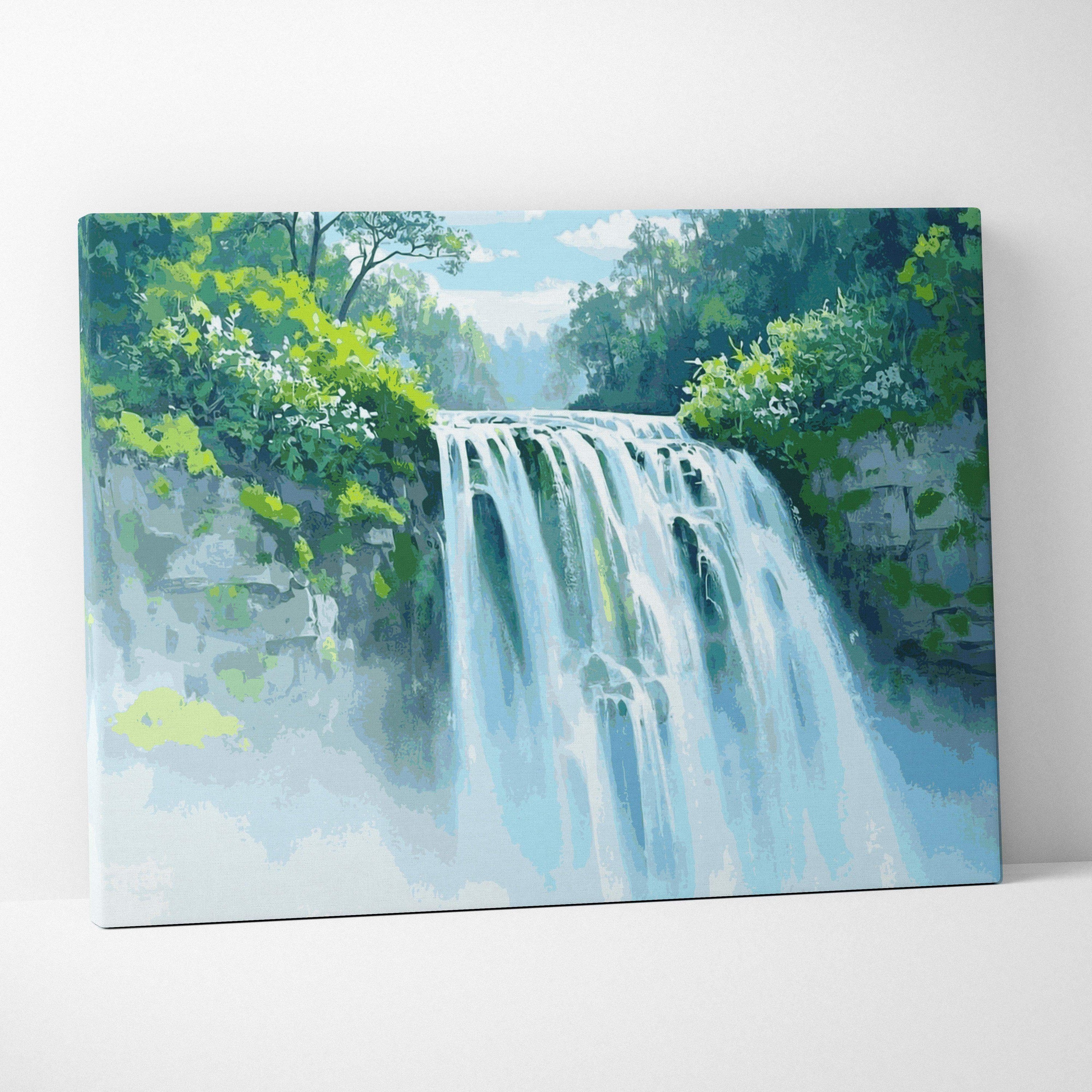 Watercolor forest waterfall canvas art in emerald greens and cool blues