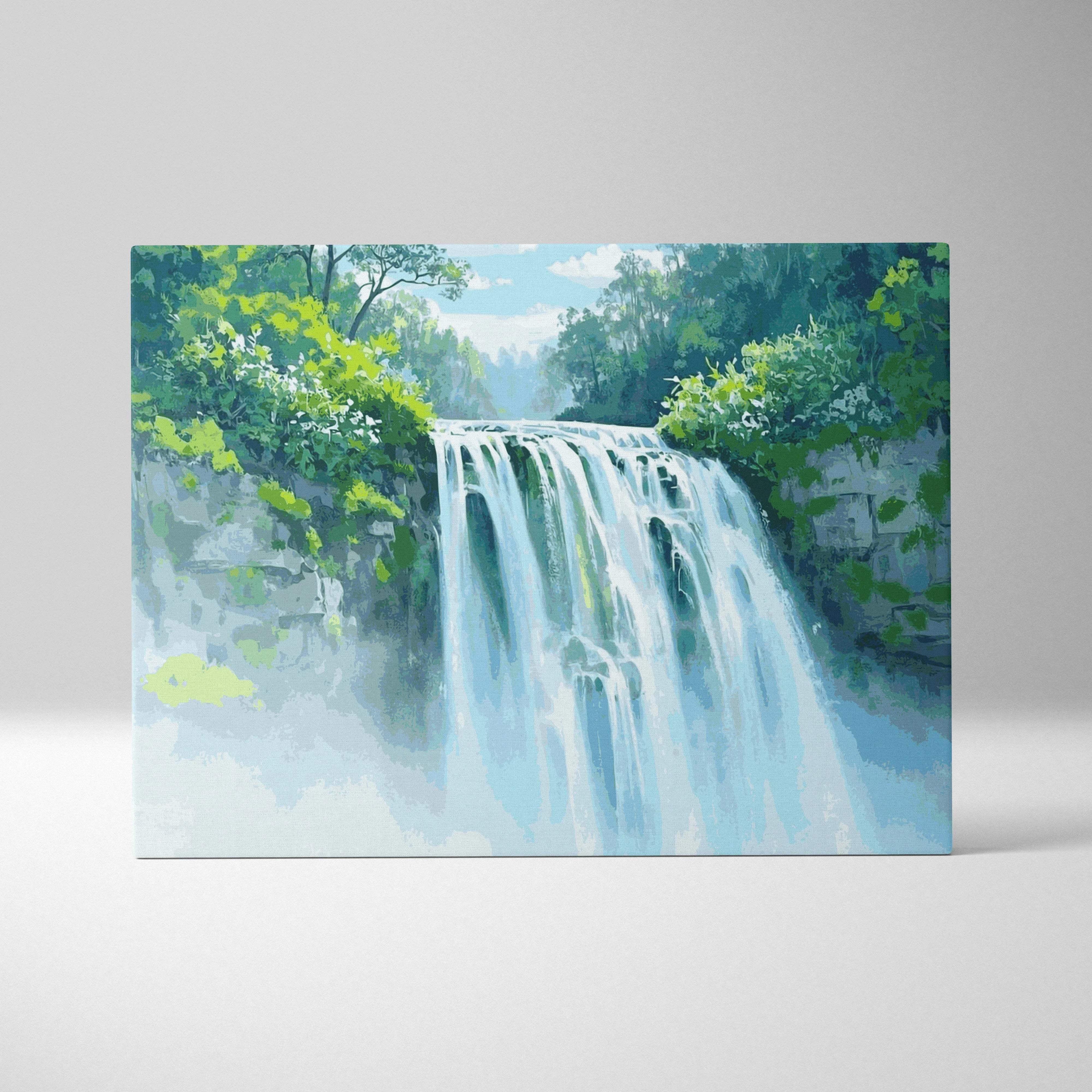 Watercolor forest waterfall canvas art in emerald greens and cool blues