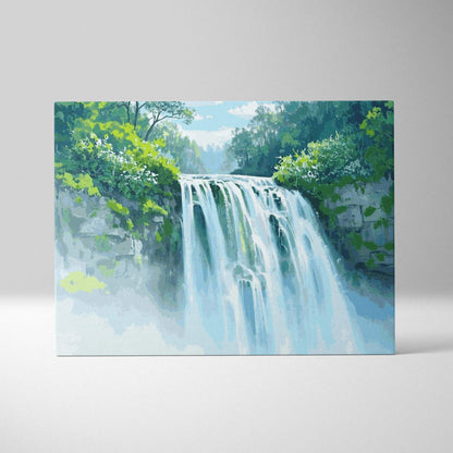 Watercolor forest waterfall canvas art in emerald greens and cool blues