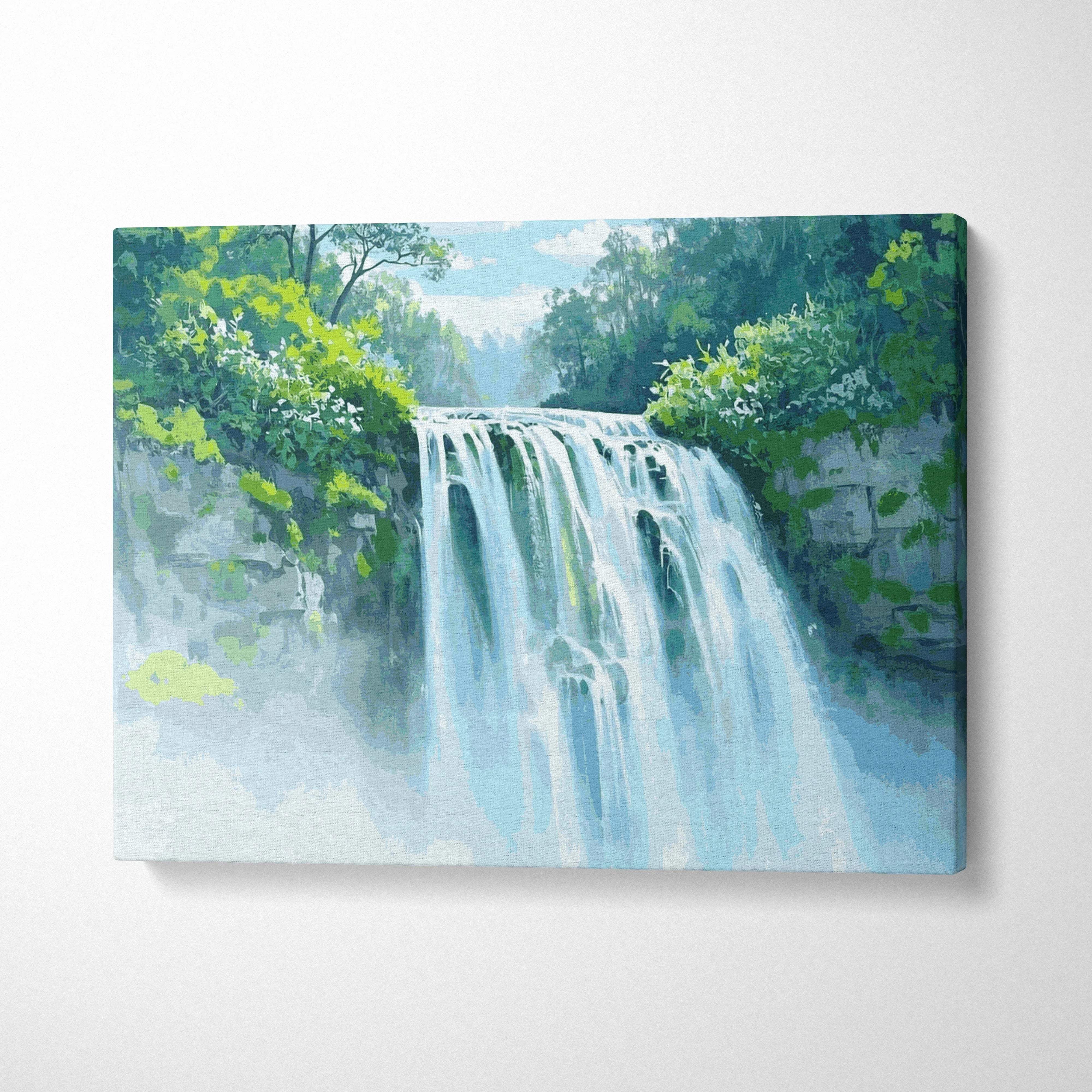 Watercolor forest waterfall canvas art in emerald greens and cool blues