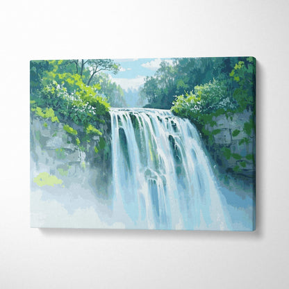 Watercolor forest waterfall canvas art in emerald greens and cool blues