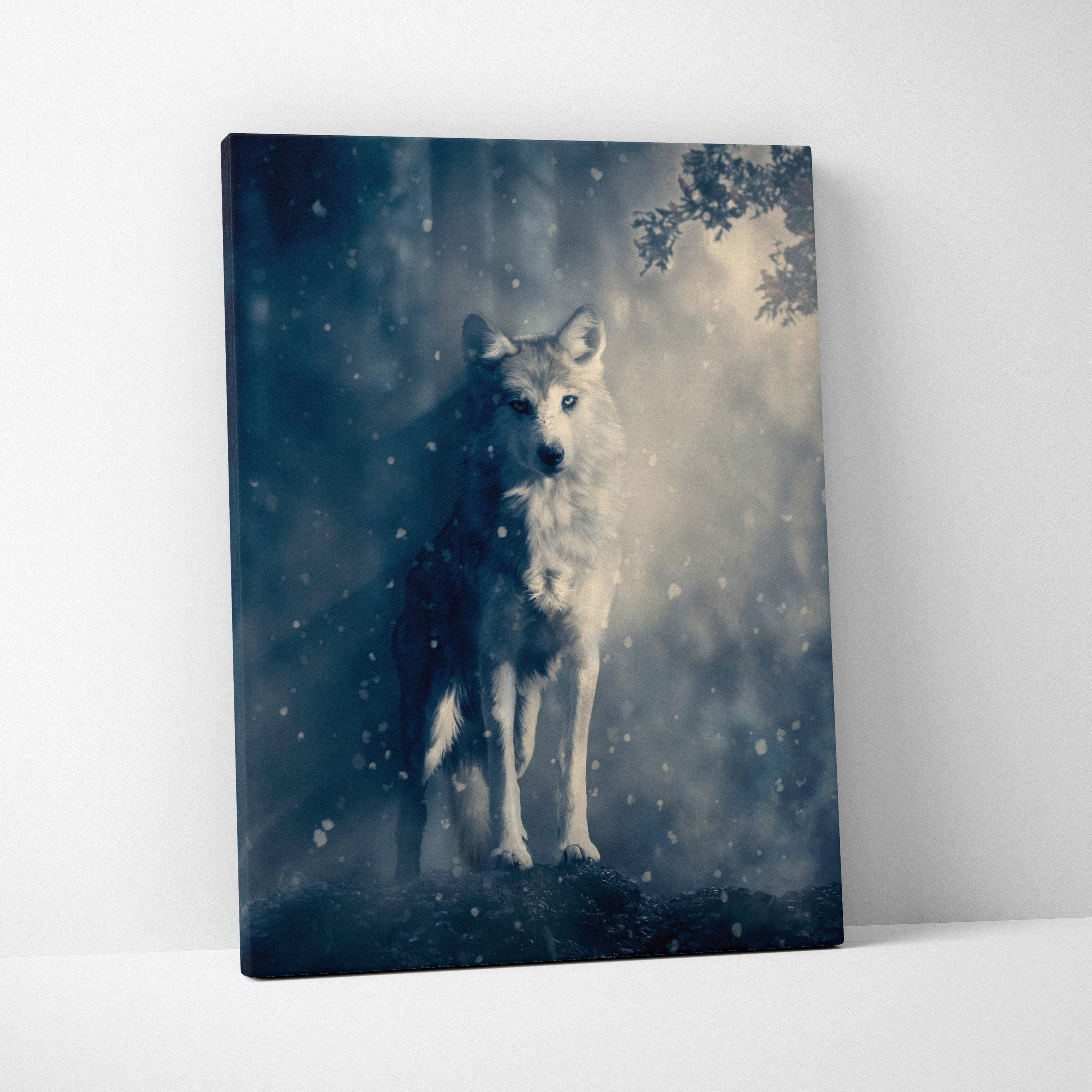 A framed blue gray wolf canvas print with a white wolf in a snowy misty forest for rustic gothic decor