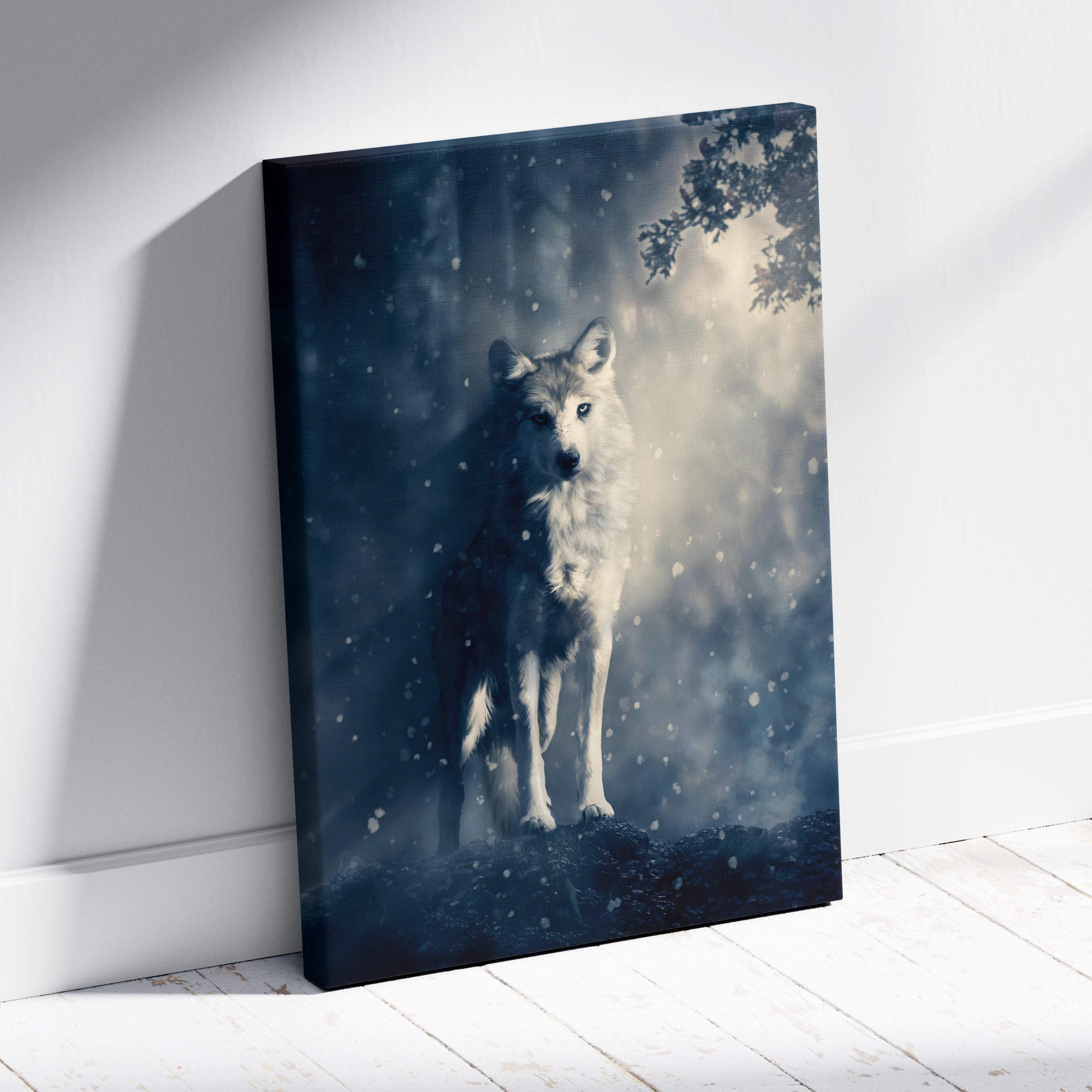 Blue gray wolf canvas wall art featuring a white wolf in a snowy misty forest with moody dark blue and gray tones