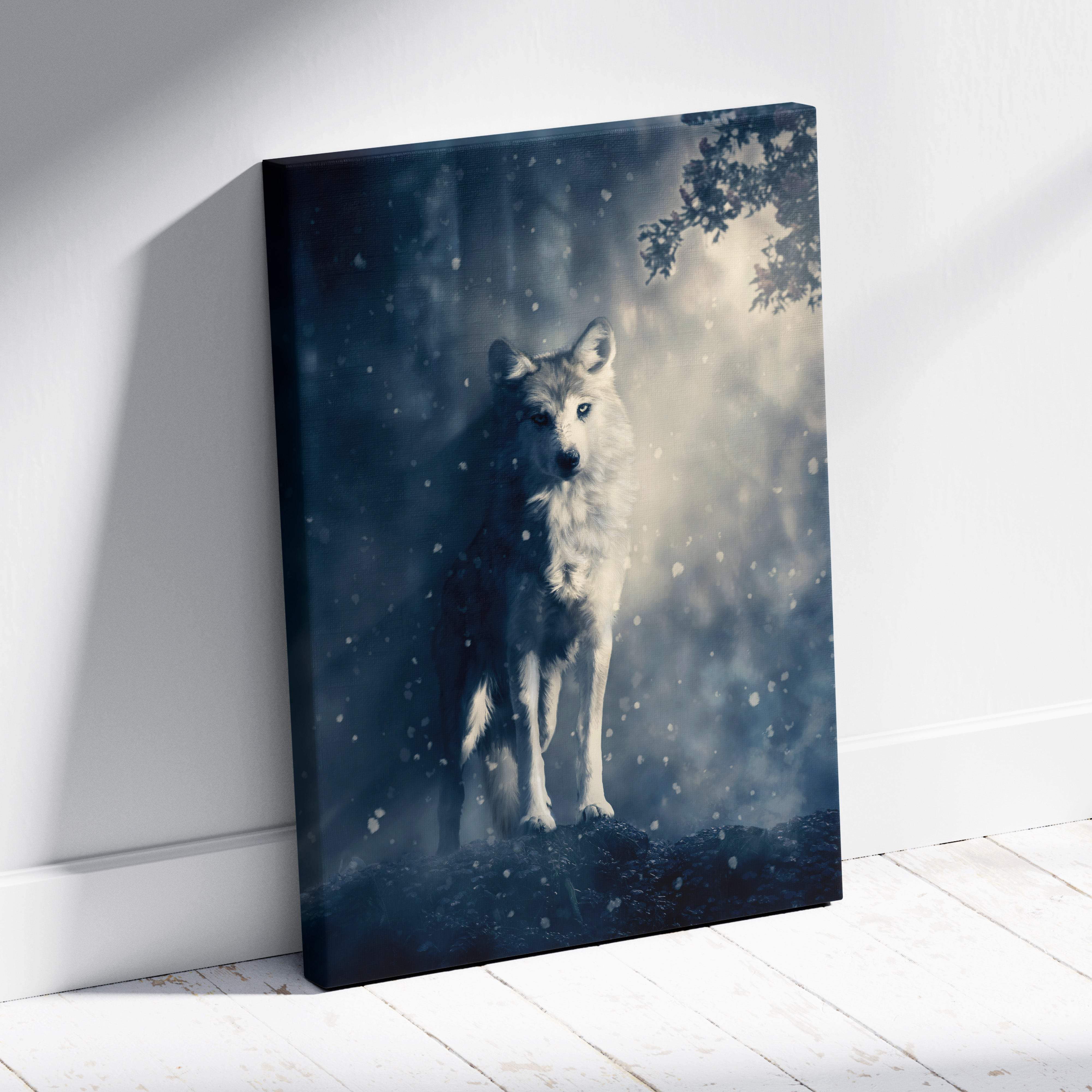 Blue gray wolf canvas wall art featuring a white wolf in a snowy misty forest with moody dark blue and gray tones