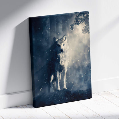 Blue gray wolf canvas wall art featuring a white wolf in a snowy misty forest with moody dark blue and gray tones