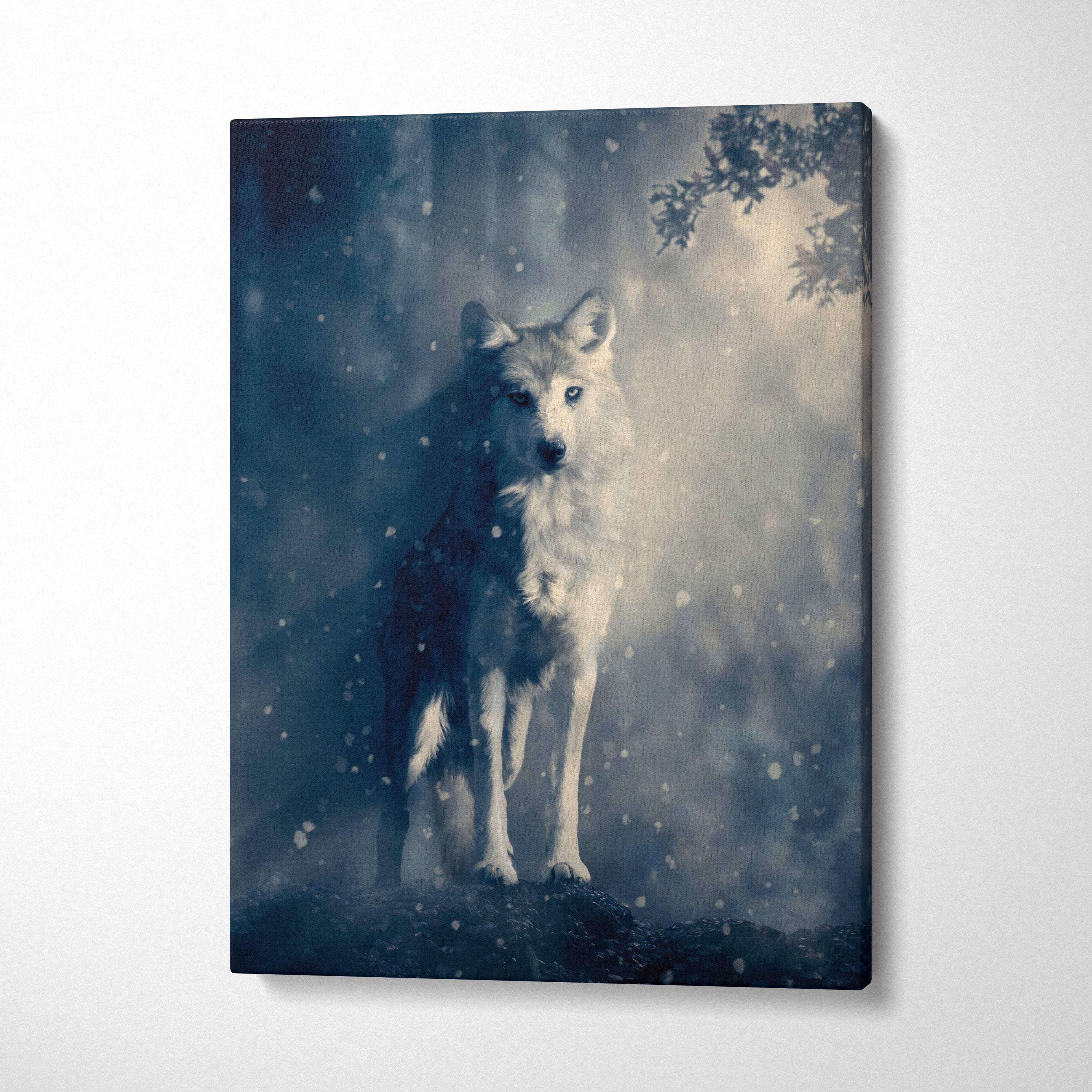 A canvas print of a white wolf in a blue gray snowy misty forest for rustic cabin bedroom animal wall art decor