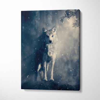 A canvas print of a white wolf in a blue gray snowy misty forest for rustic cabin bedroom animal wall art decor