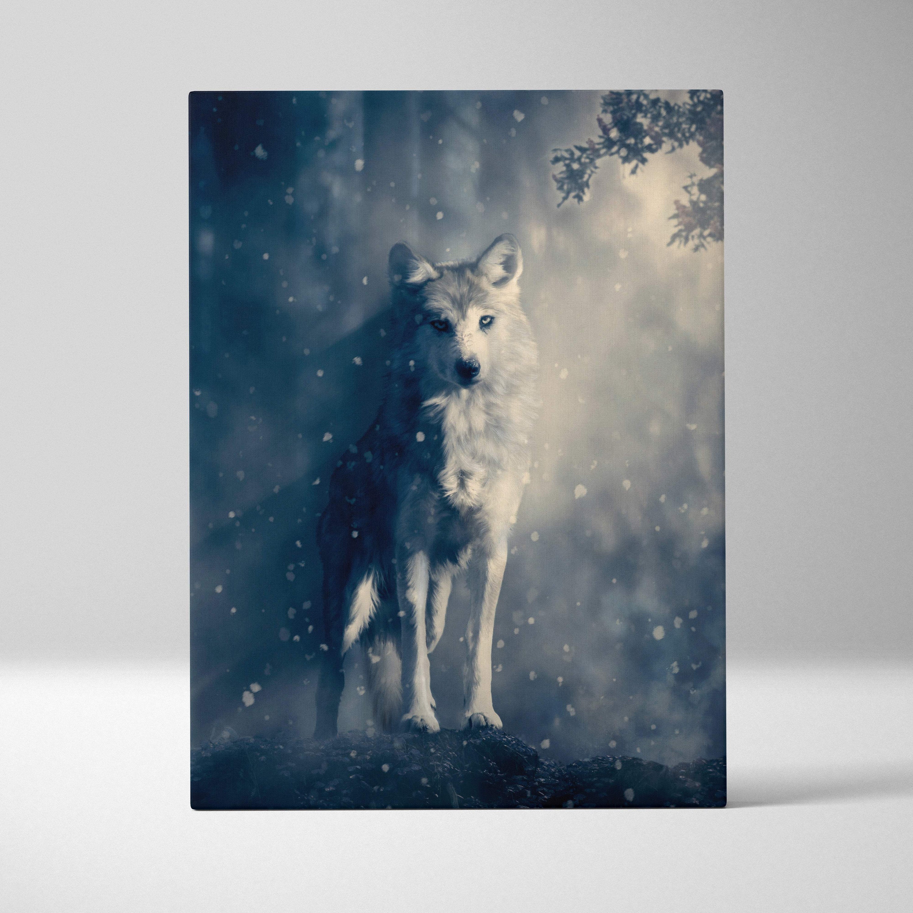A framed canvas print of a majestic white wolf in a snowy blue gray misty forest for rustic gothic wall decor