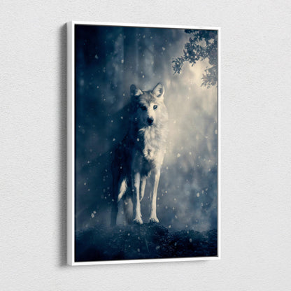 A framed canvas print of a majestic white wolf in a snowy blue gray misty forest for rustic cabin decor