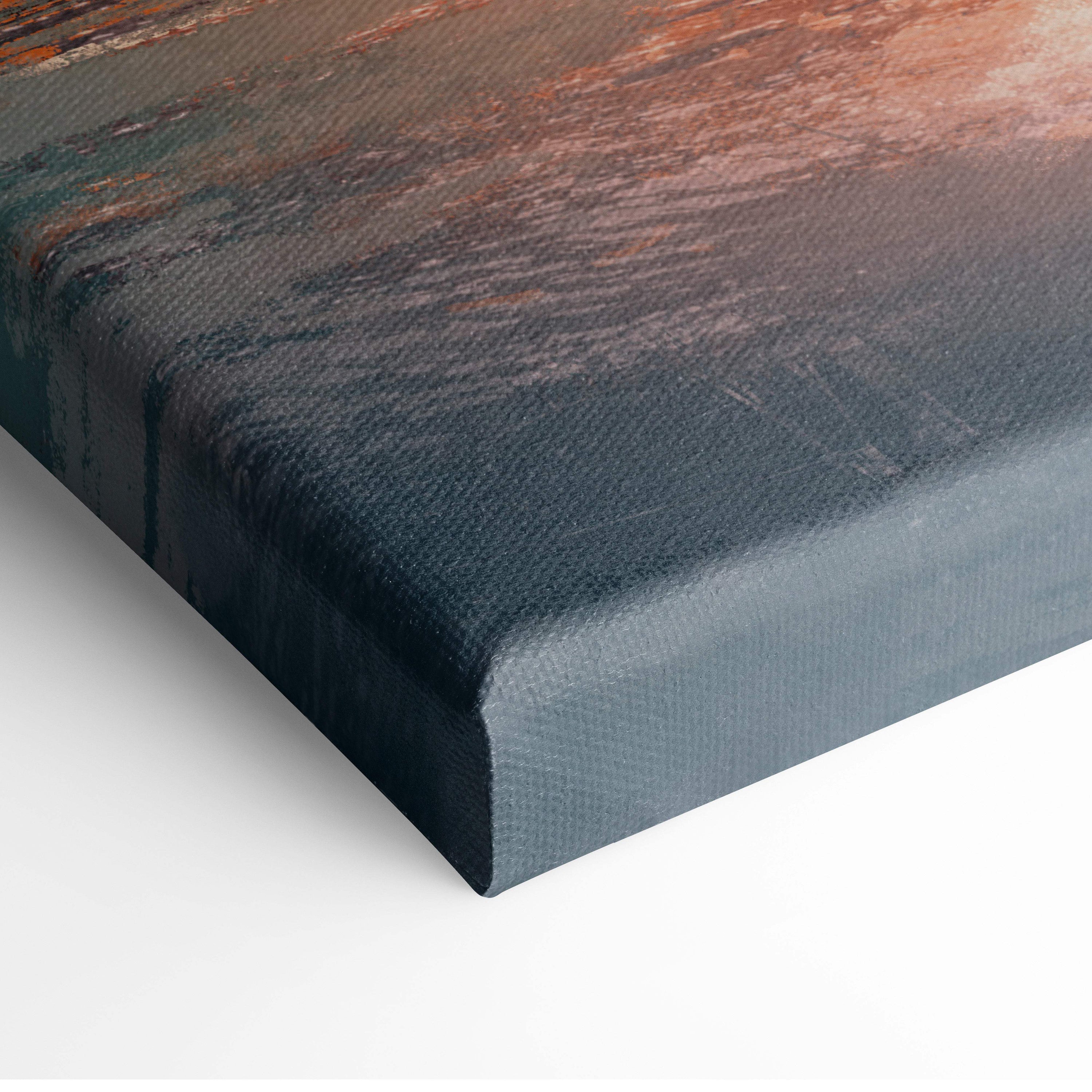 Cosmic horizon explorer textured canvas print featuring a surreal astronaut and giant ringed planet in orange and teal gradient