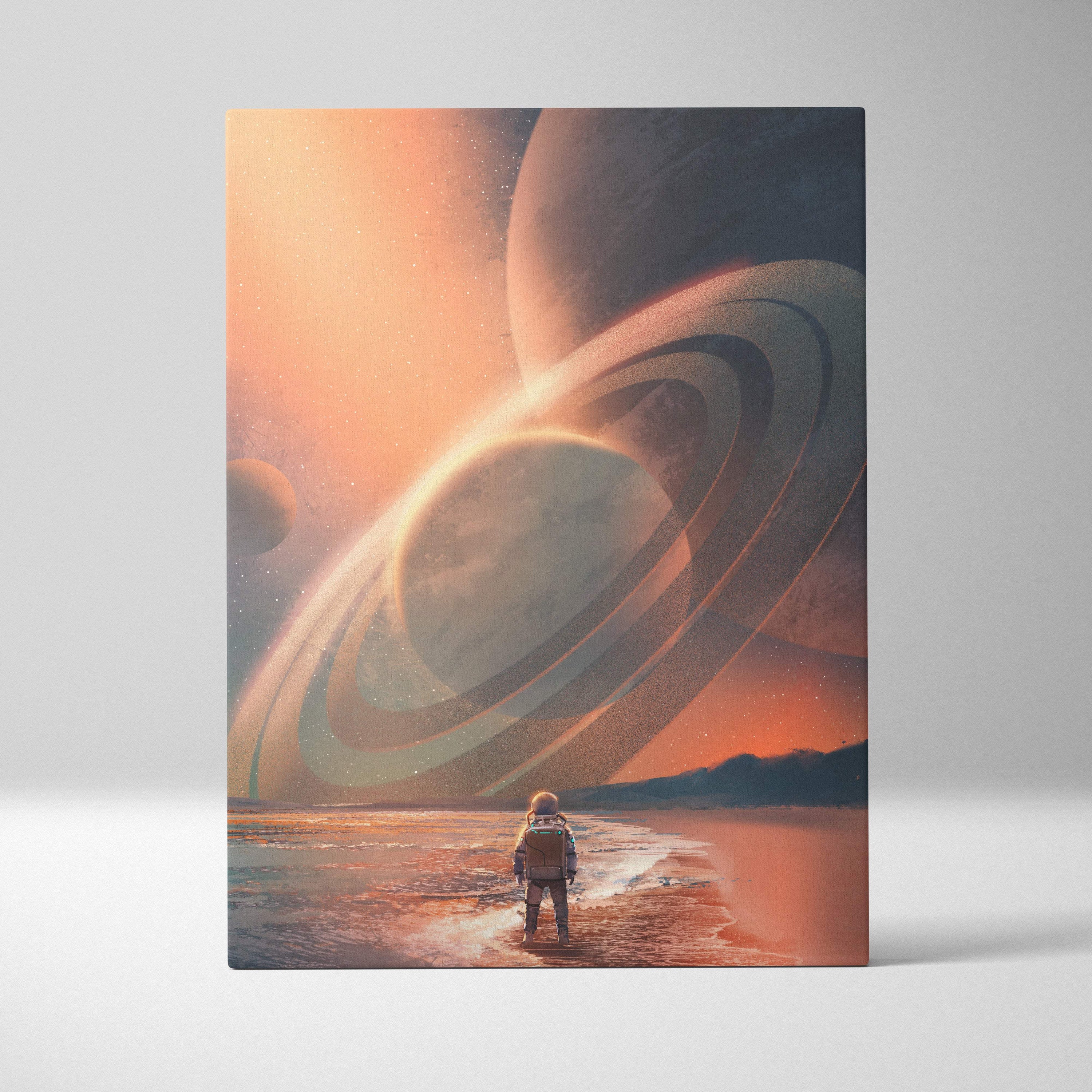 Rectangular canvas print of a lone astronaut on an alien beach under an orange and pink sky with a giant ringed planet