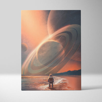 Rectangular canvas print of a lone astronaut on an alien beach under an orange and pink sky with a giant ringed planet