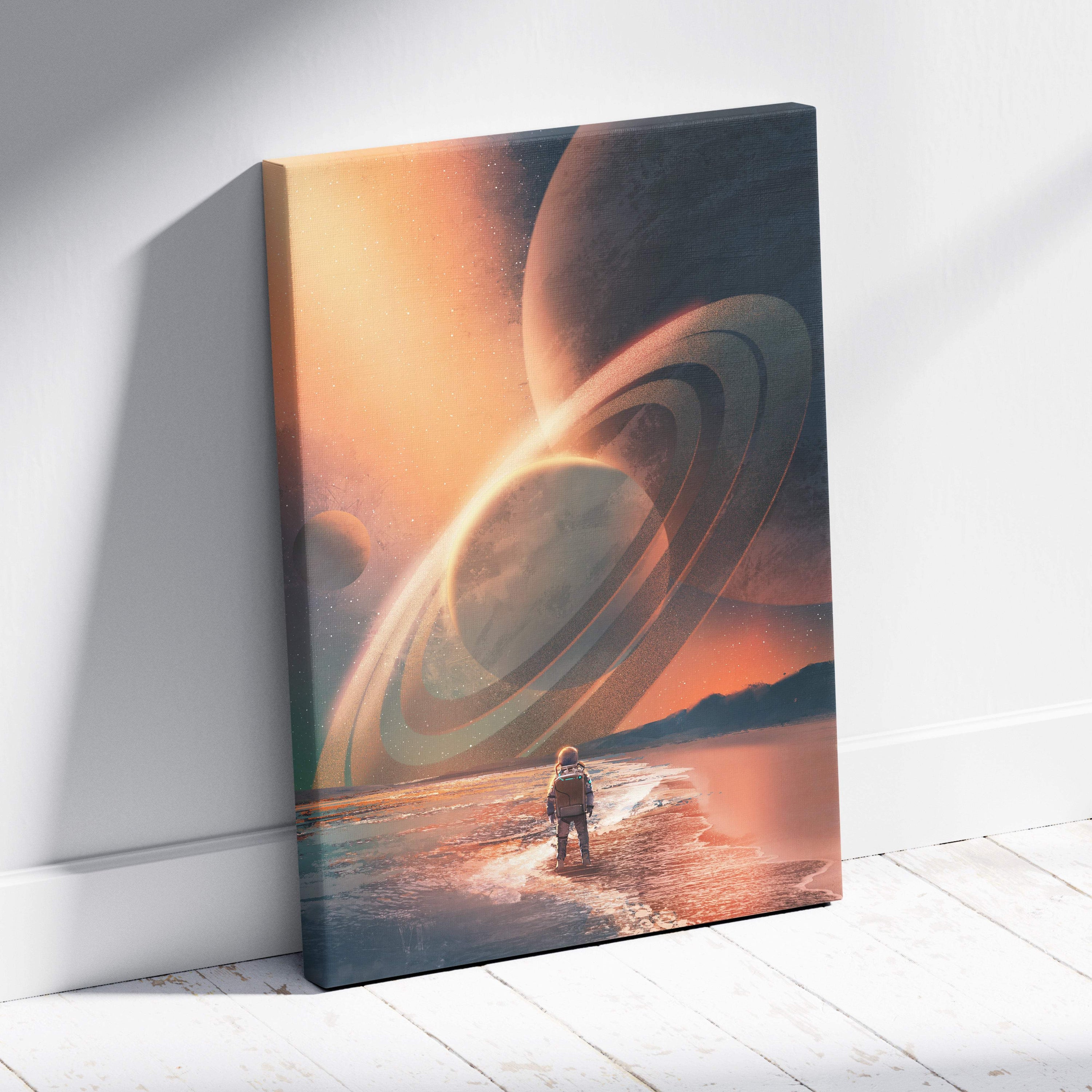 Rectangular canvas print of surreal space scene with lone figure on beach under orange sky in cosmic horizon explorer art