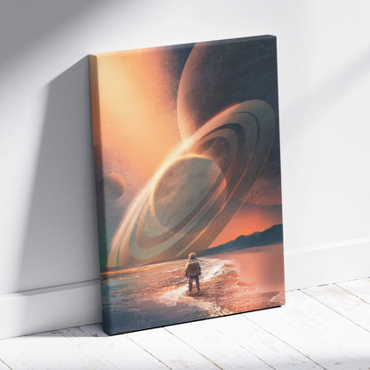 Rectangular canvas print of surreal space scene with lone figure on beach under orange sky in cosmic horizon explorer art