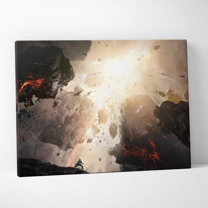 Epic cosmic explosion canvas wall art with fiery red lava and light rays in a surreal space landscape print