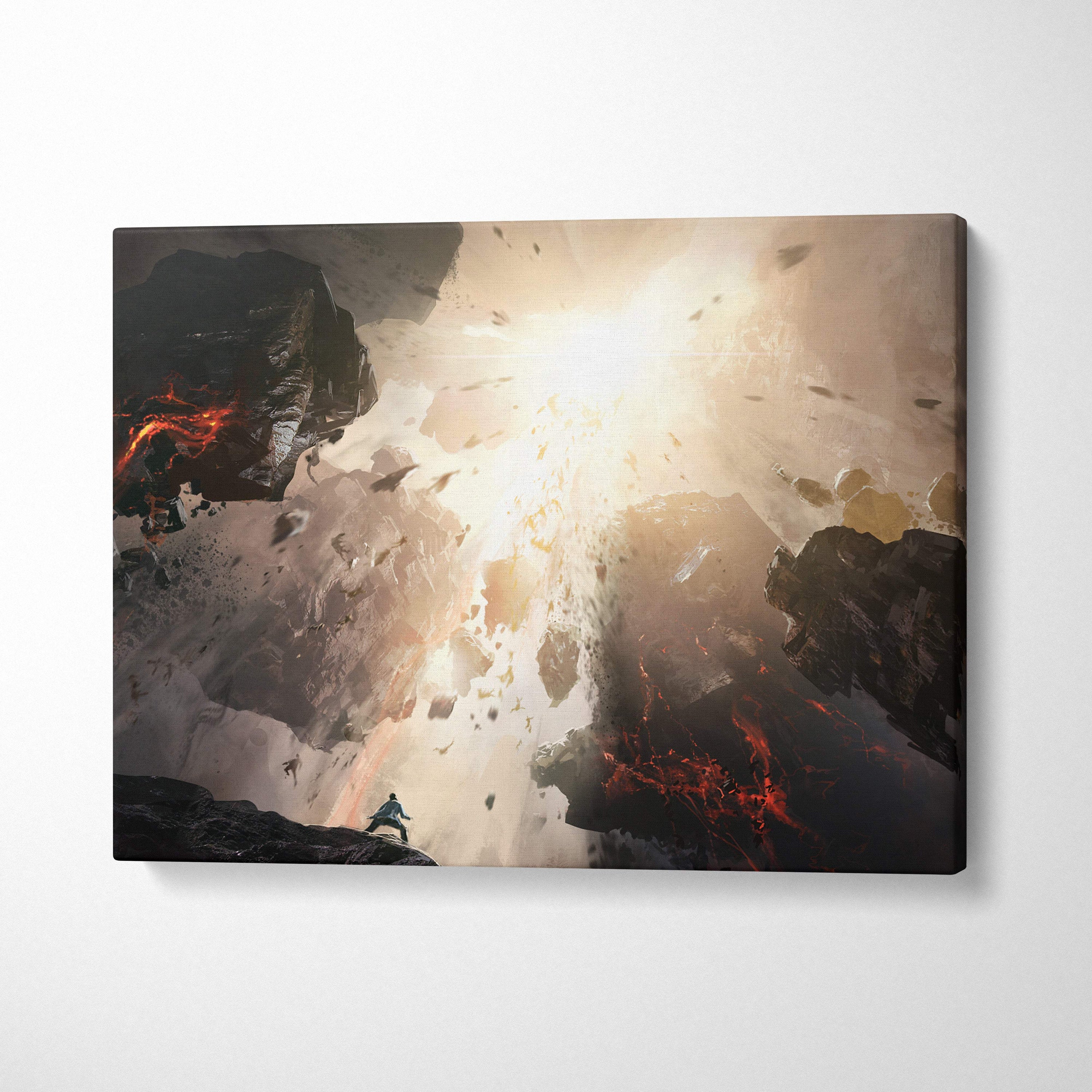 Canvas print of a dramatic volcanic explosion with dark rocks, glowing red lava, and bright light rays in a cosmic scene