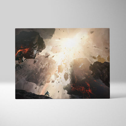 Dramatic sci-fi canvas wall art depicting a lone figure on rocky terrain with fiery lava and cosmic explosion effects